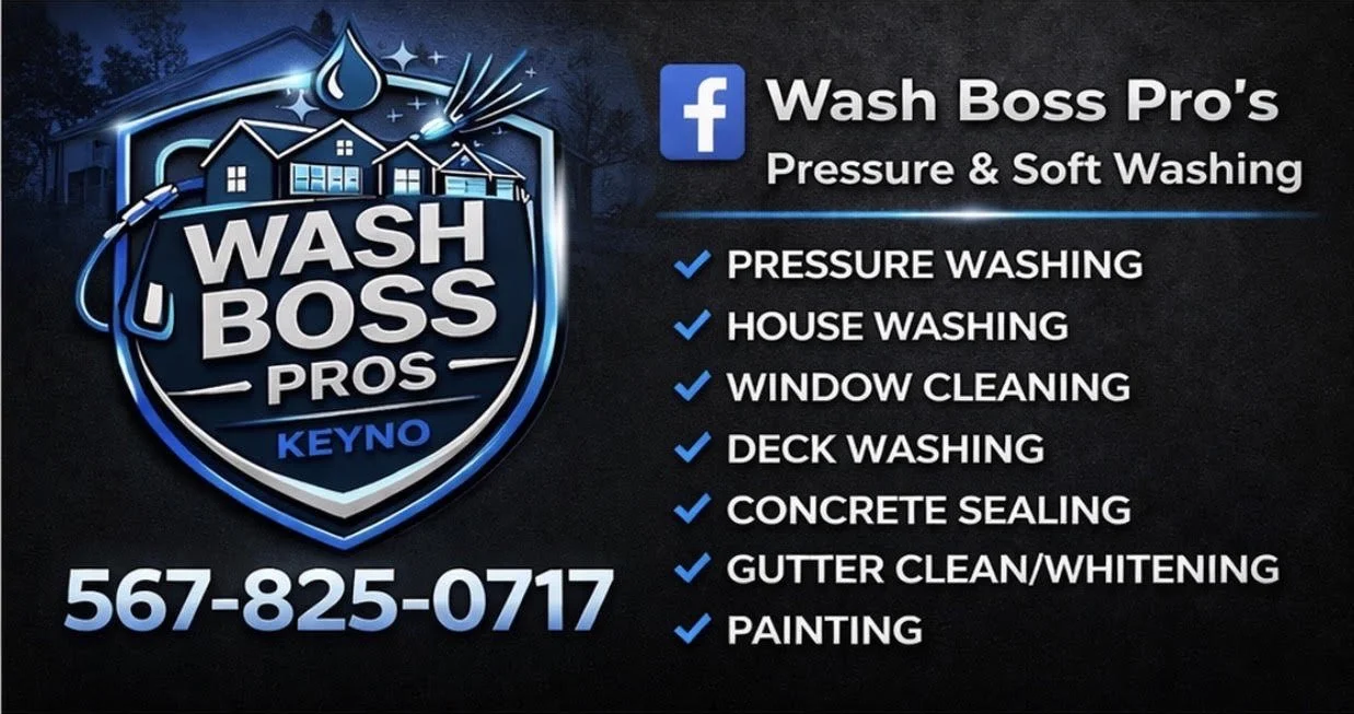 Business advertisement for Wash Boss Pros, highlighting services including pressure washing, house washing, window cleaning, deck washing, concrete sealing, gutter cleaning/whitening, and painting. The ad features a logo with a house, water drop, and pressure washer, with a contact phone number and Facebook page information.