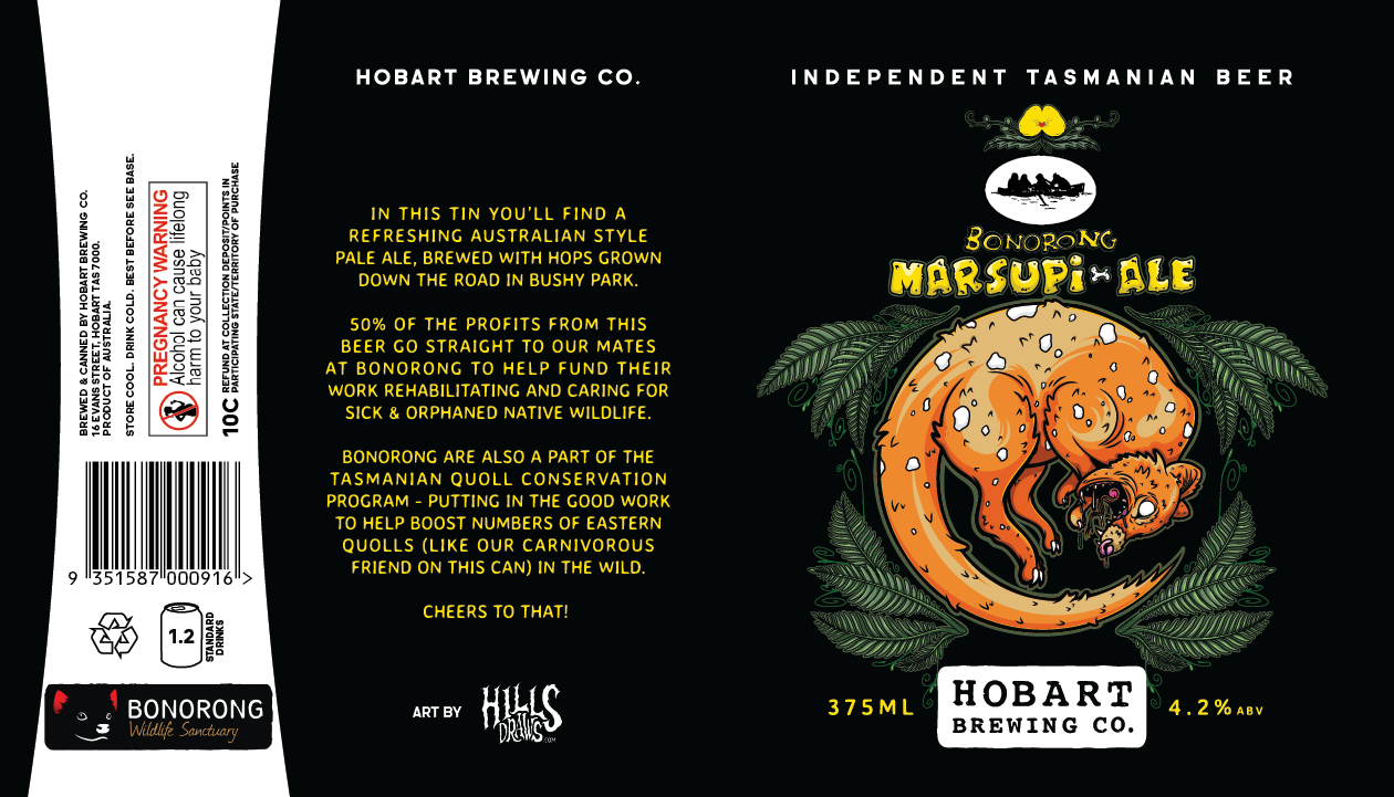 Black beer can label for Bonorong Marsupial Ale with illustration of a Tasmanian quoll surrounded by green foliage, and text indicating it is brewed by Hobart Brewing Co., with 375ml volume and 4.2% alcohol content.