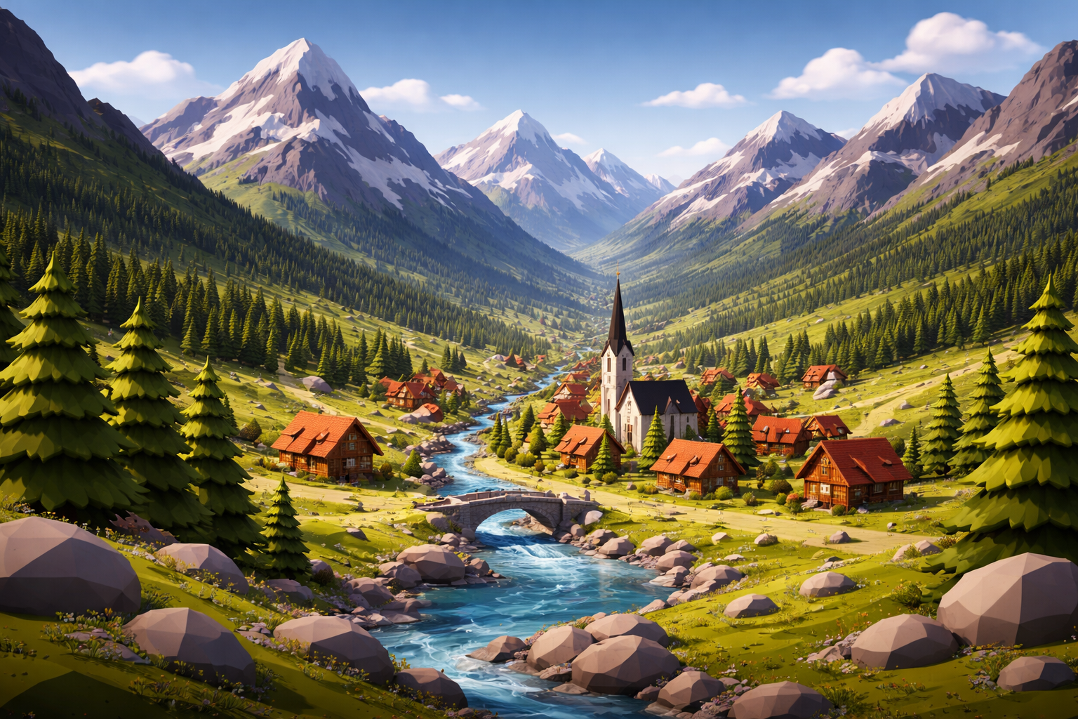 Pueblo alpino en un valle verde.png