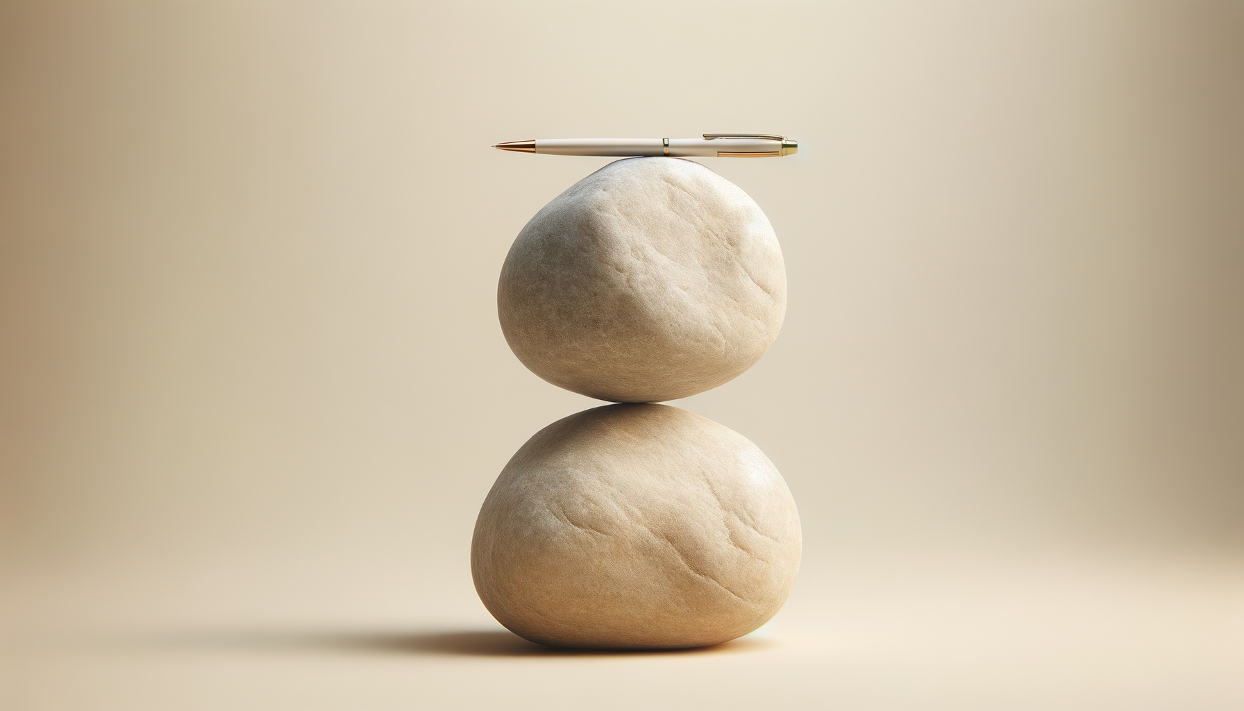 A white pen resting horizontally on top of two stacked smooth light-colored stones, with a beige background.
