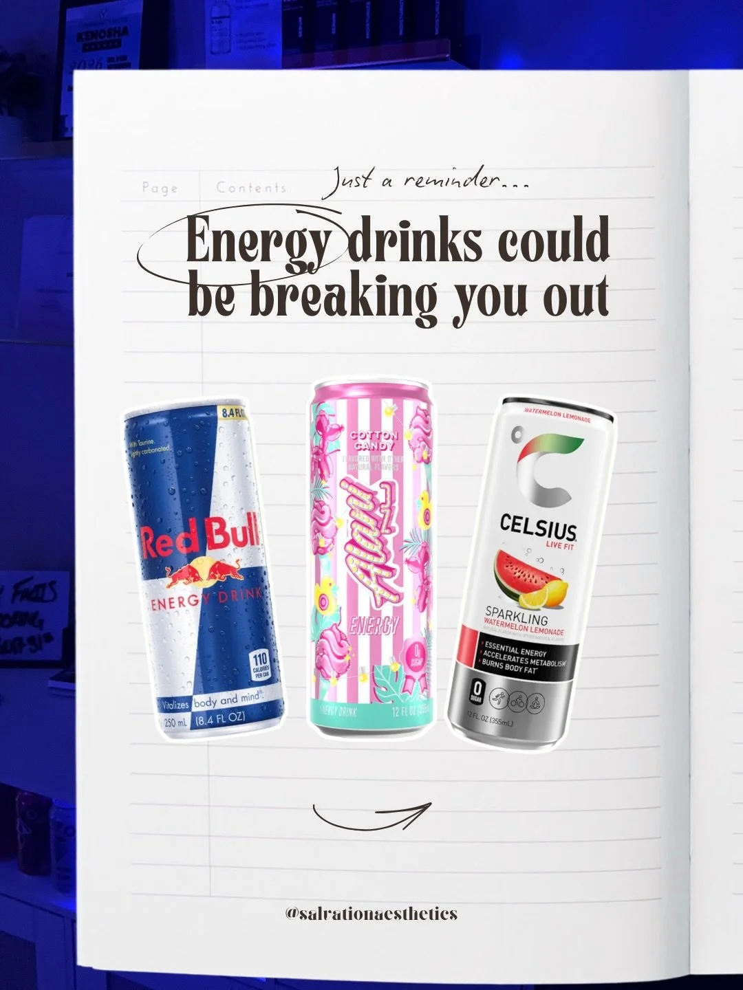 Your energy drink might be the one thing quietly wrecking your skin 👀

The high biotin and B12 content in popular energy drinks like Alani Nu, Red Bull, and Celsius are directly linked to increased breakouts, inflammation, and clogged pores especial