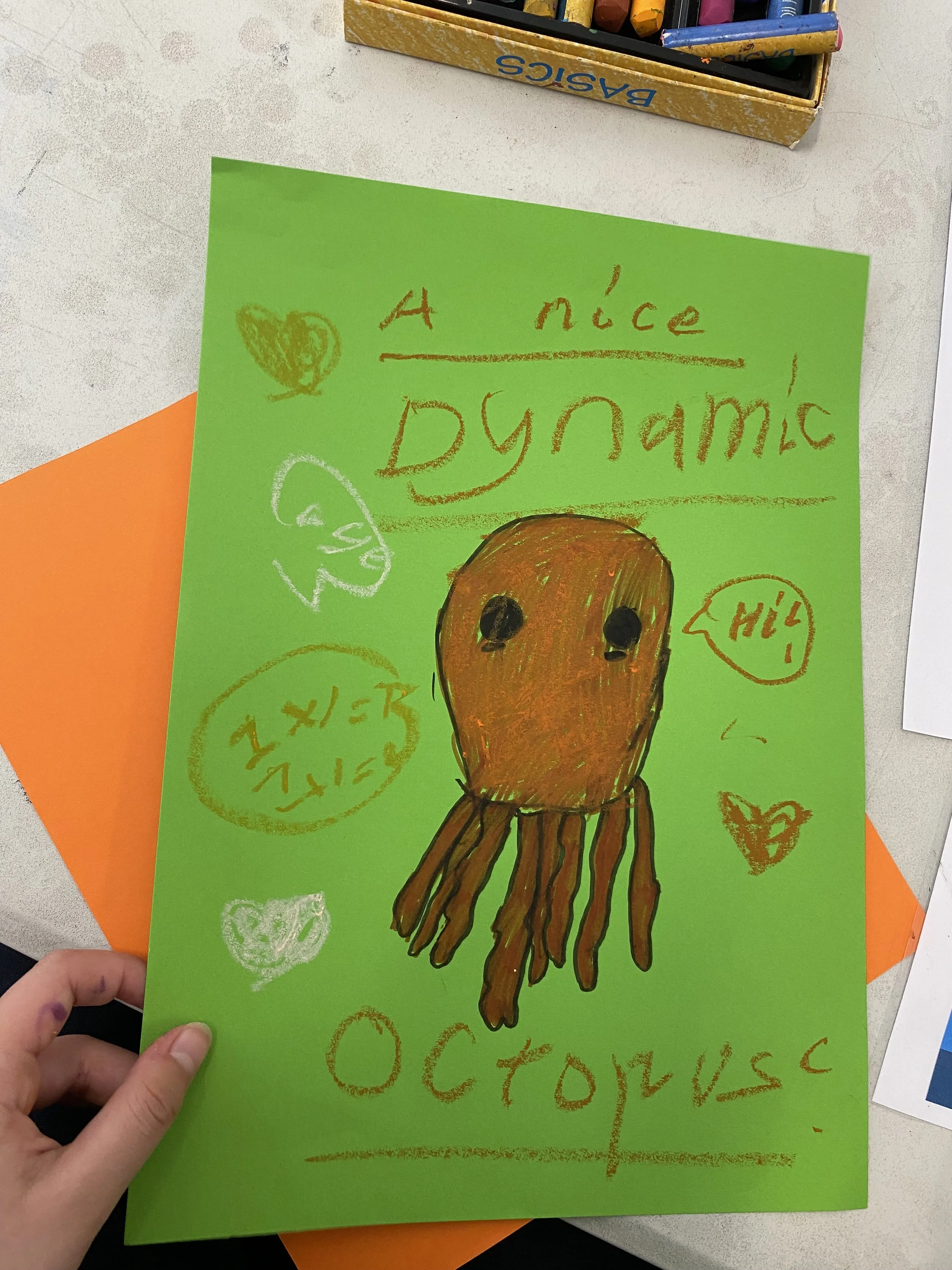 A year 3 student's drawing of their genius on green paper of an orange octopus with big black eyes, accompanied by handwritten text and doodles. Word and doodles reflect the students understanding of their strengths.