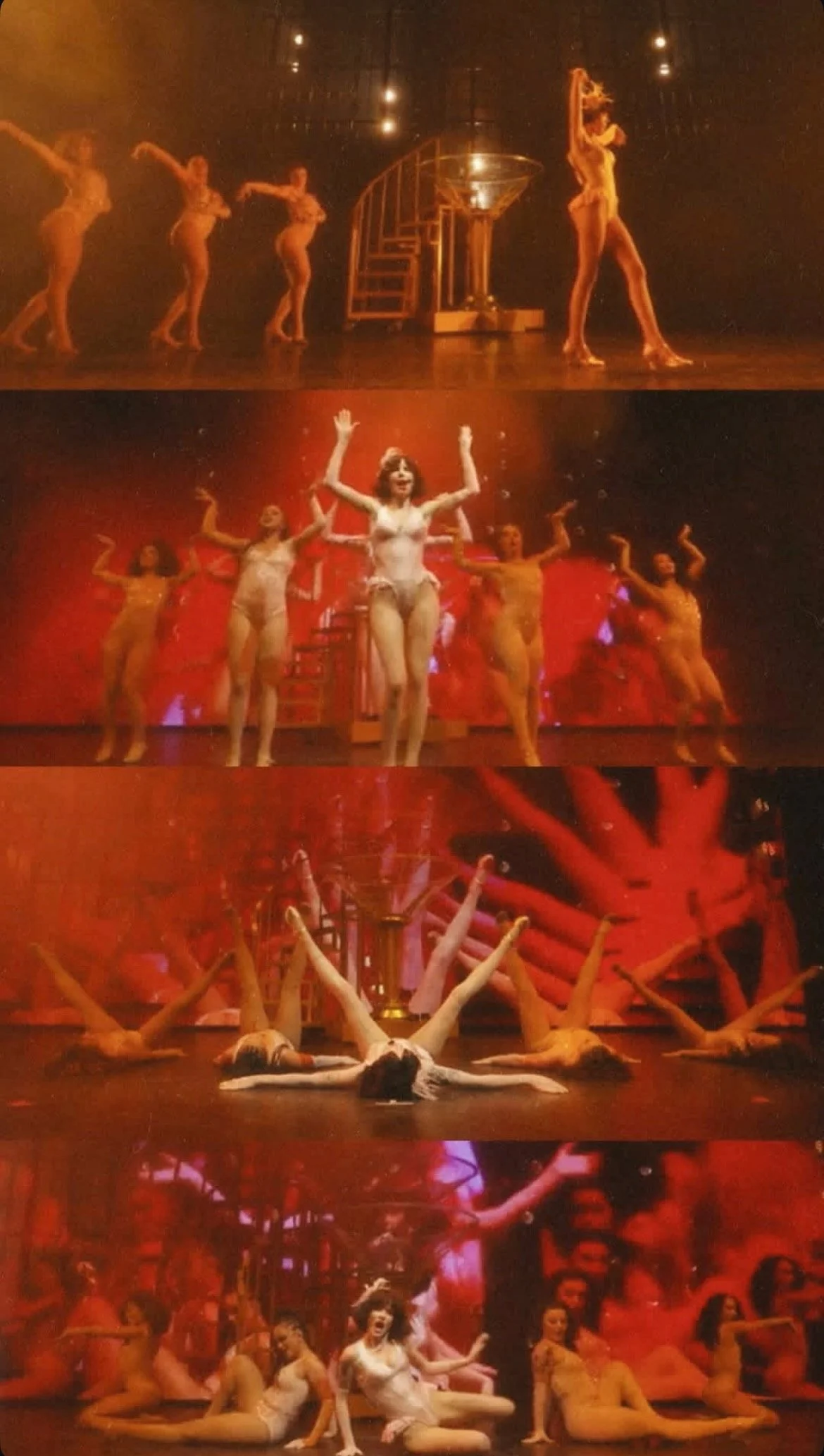 Ballet dancers perform on stage in costumes, with a staircase and red background, capturing various dance poses and formations.