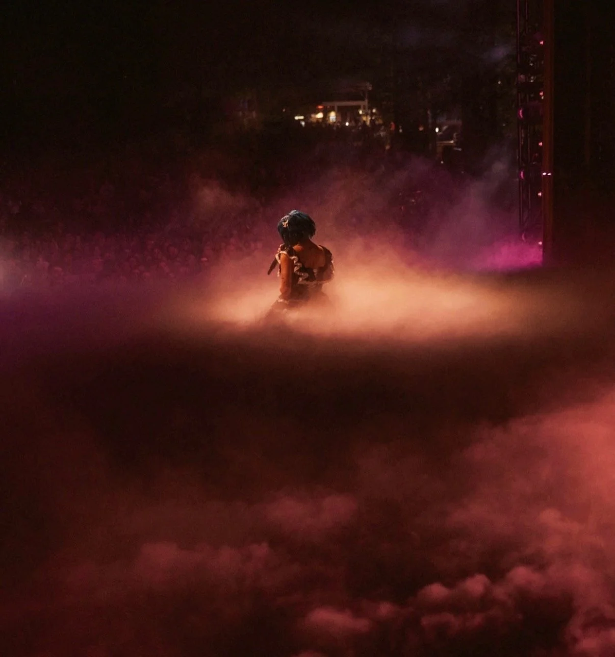 A performer on stage, kneeling with their back to the audience amidst colored fog and stage lighting, with the crowd visible in the background.
