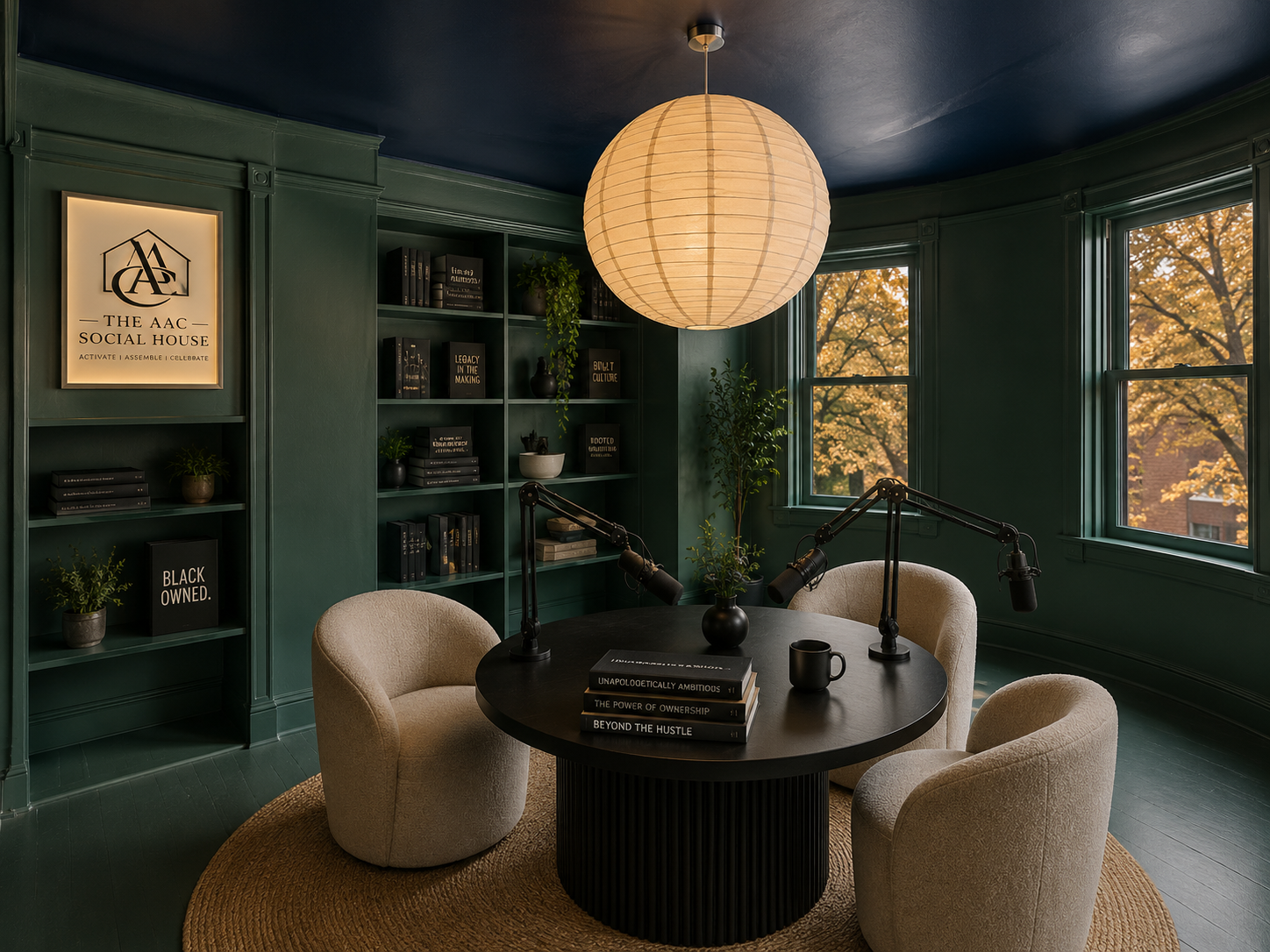 The Reading Room | Perfect for Podcasts + Listening Socials. Designed to foster engaging conversations, this space offers professional-grade setup, sound-friendly design, and a comfortable vibe. Minimum (2) Hours per session. *Styled Inspiration*