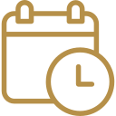 Icon of a calendar with a clock on it, gold outline.
