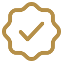 Checkmark inside a gold badge or seal.