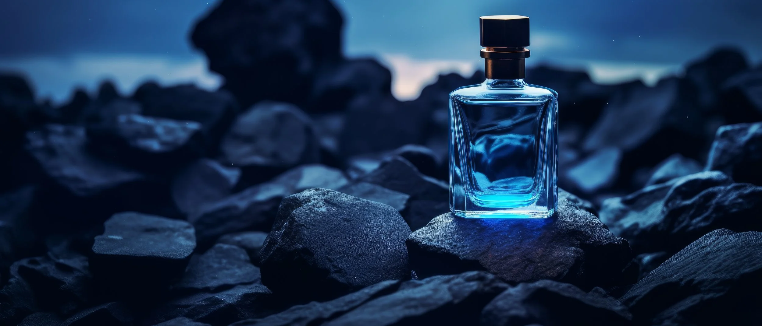 A clear glass perfume bottle with a black cap on dark rocks, with a blurred background and evening sky.