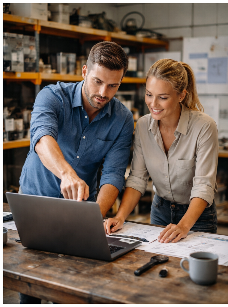 Two colleagues, a man and a woman, work together on a laptop at a workshop or industrial space, with shelves full of tools and materials in the background.