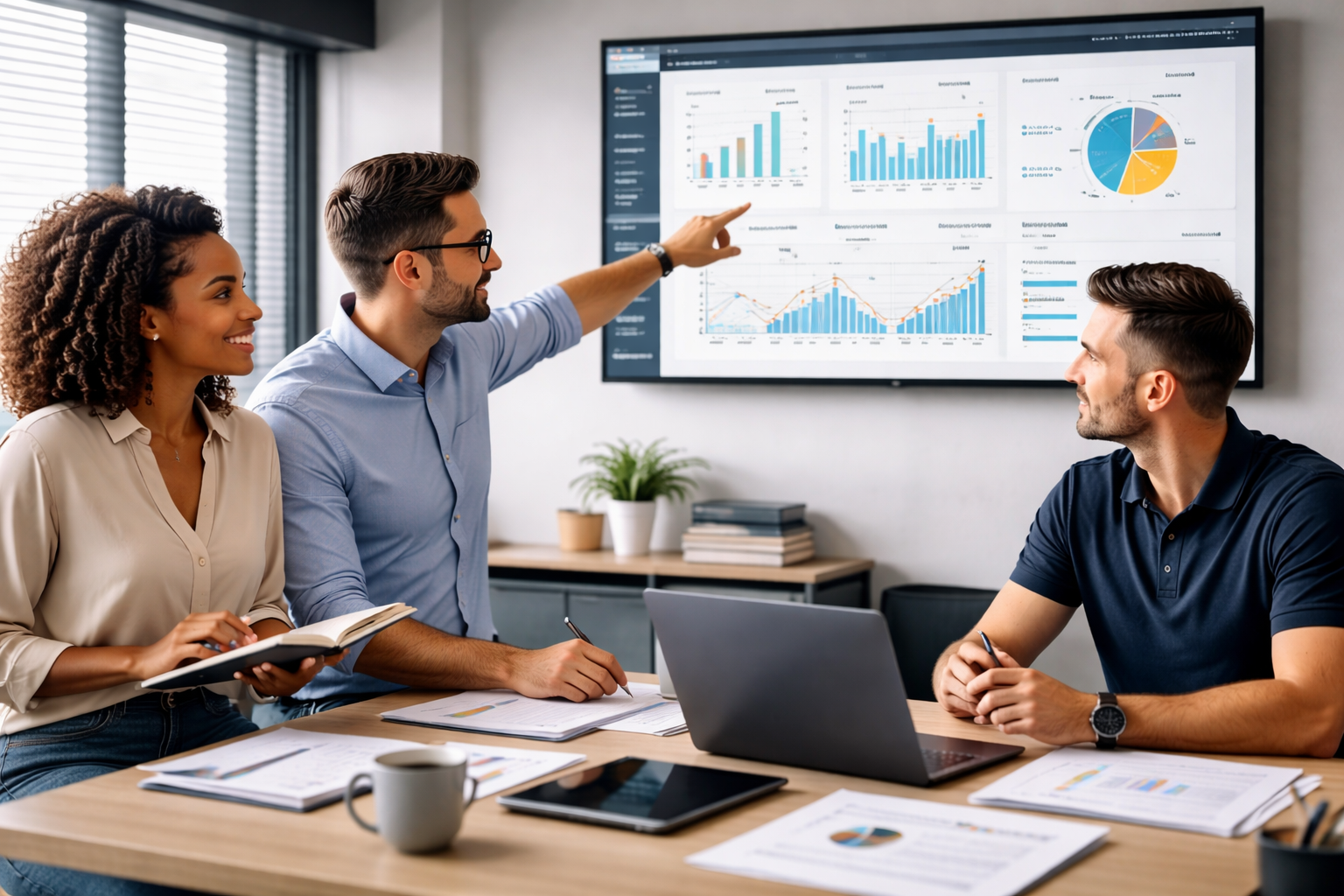 Three people are in a meeting room, discussing data analysis. One person is pointing at a large screen displaying various charts and graphs. The other two are attentively listening, with notebooks and a laptop on the table.
