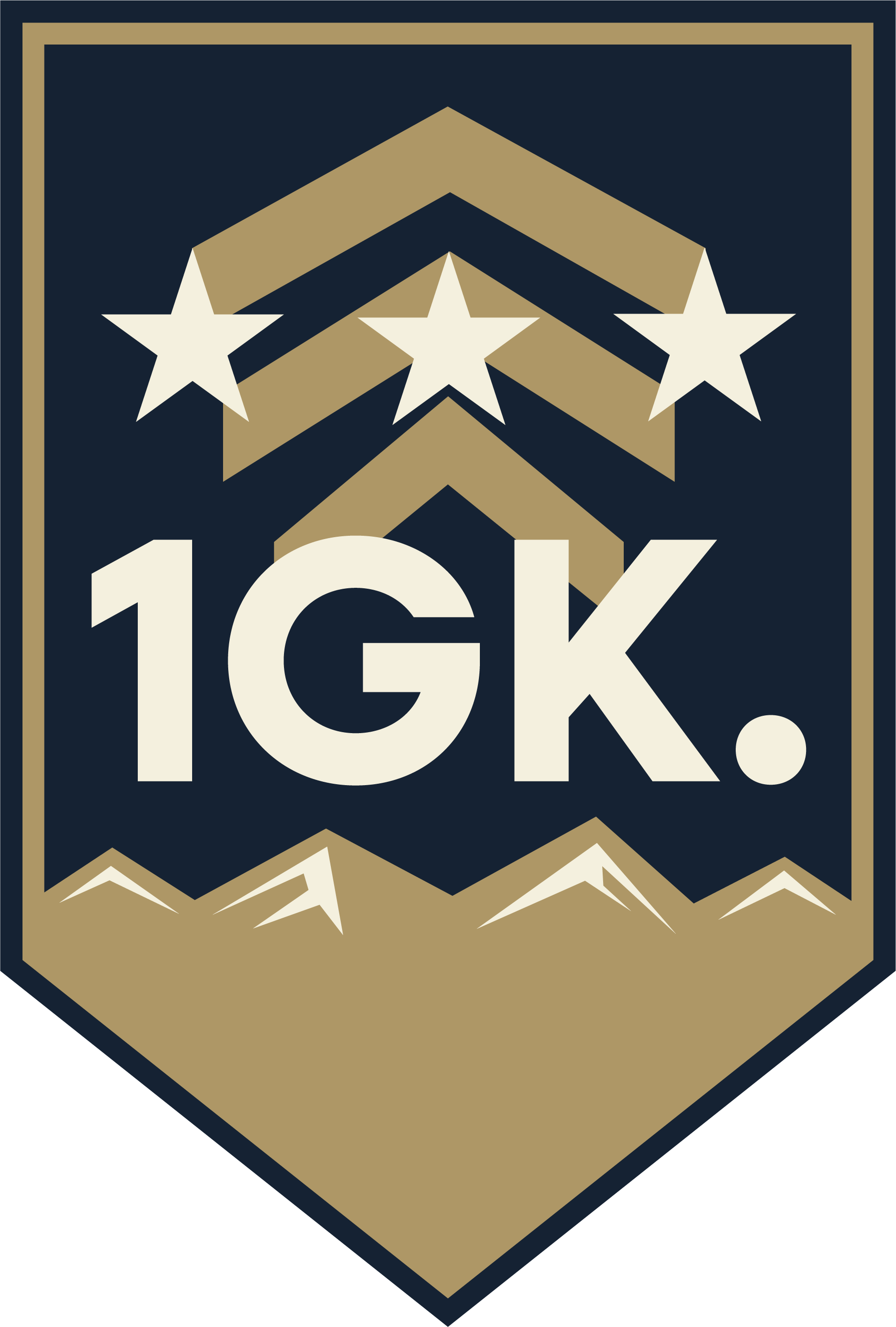 A badge with a black background and gold border, featuring three white stars, a chevron pattern, and the number 19K.