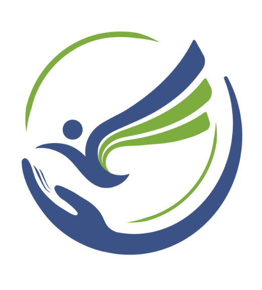 Logo featuring a stylized human figure with wings in blue and green, supported by an open hand.