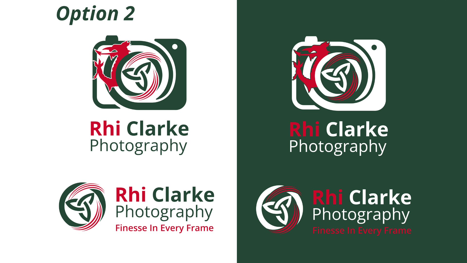 A promotional graphic showing two versions of a logo for Rhi Clarke Photography. The left logo has a white background, and the right logo has a dark green background. Both logos feature a circular intertwined design with a red dragon, the name "Rhi Clarke" in red and black, and the words "Photography" below in black. The phrase "Finesse In Every Frame" appears in red at the bottom of each logo.
