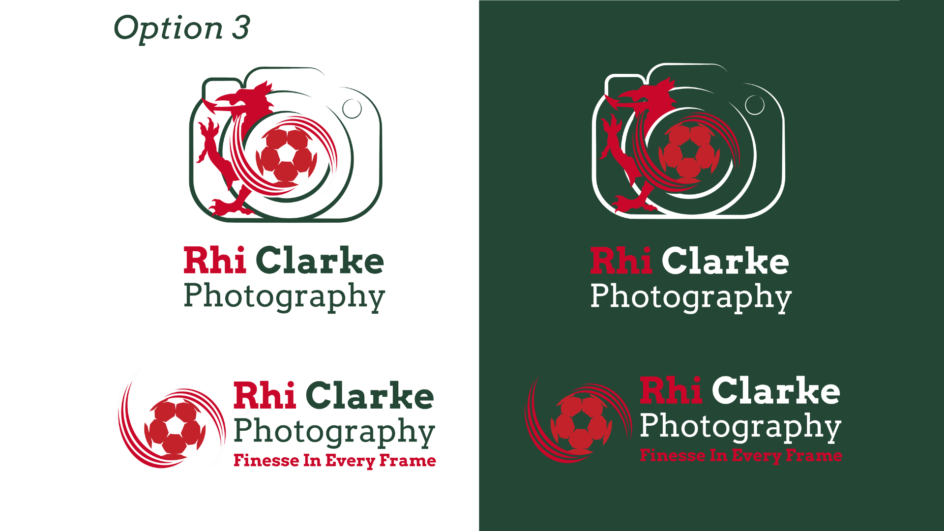 Comparison of four variations of a logo for Rhi Clarke Photography. The logo features a red dragon and a red soccer ball with swirling lines. The text includes "Rhi Clarke Photography" with "Rhi" in red and the rest in black, and the phrase "Finesse In Every Frame" in red. The variations differ in background color and layout, with two on a white background and two on a dark green background.