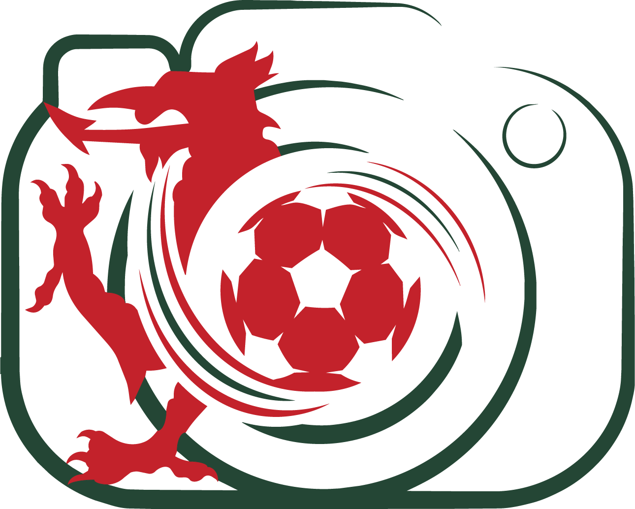 Stylized camera icon with a red dragon and a soccer ball in the center.