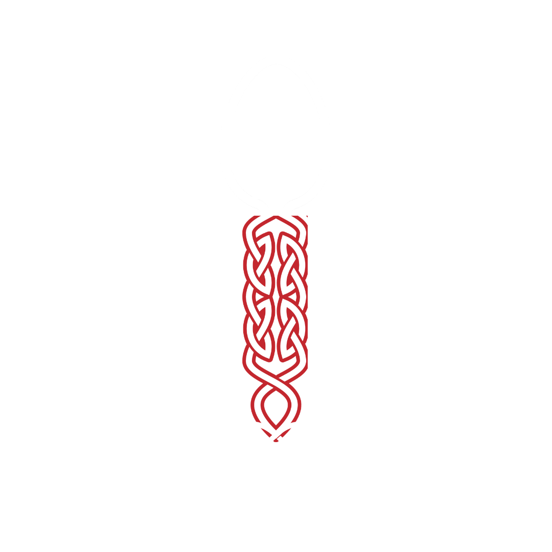 A graphic illustration of a lightning bolt enclosed in an egg-shaped outline, with a red and white Celtic knot pattern extending downward, ending in a heart shape.