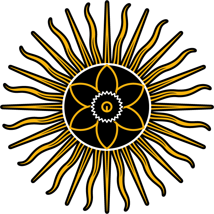 A graphic illustration of a yellow sun with elongated, wavy rays surrounding a central black circle with white outline, featuring a geometric flower pattern and a small crescent moon symbol inside.