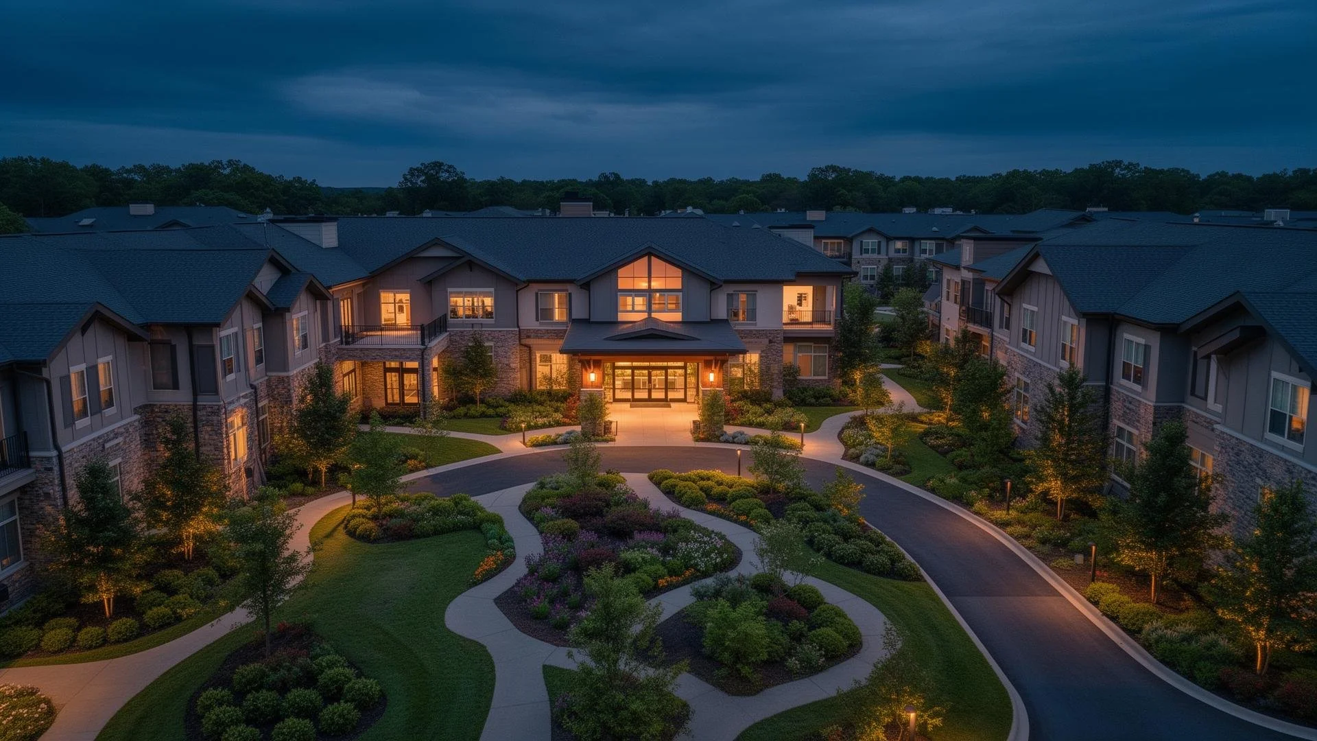 Night view of an apartment complex with well-lit entrance and landscaped garden pathways.