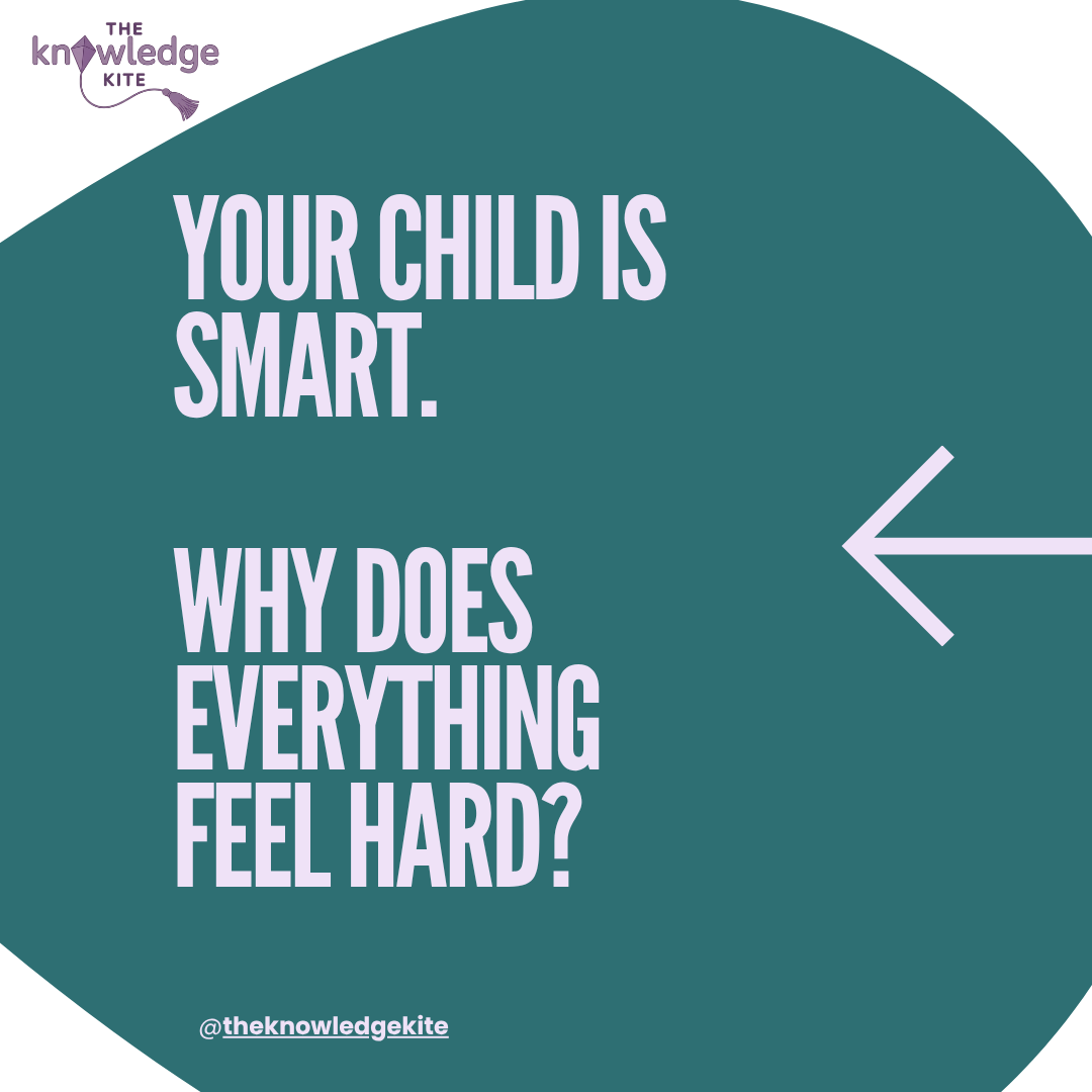 A circular digital graphic with a teal background and white border. At the top left corner, there is a logo with the text 'The Knowledge Kite' and an illustration of a kite. Large white text in the center reads 'Your child is smart. Why does everything feel hard?' An arrow points left on the right side of the circle, and at the bottom, there is a social media handle '@theknowledgekite'.