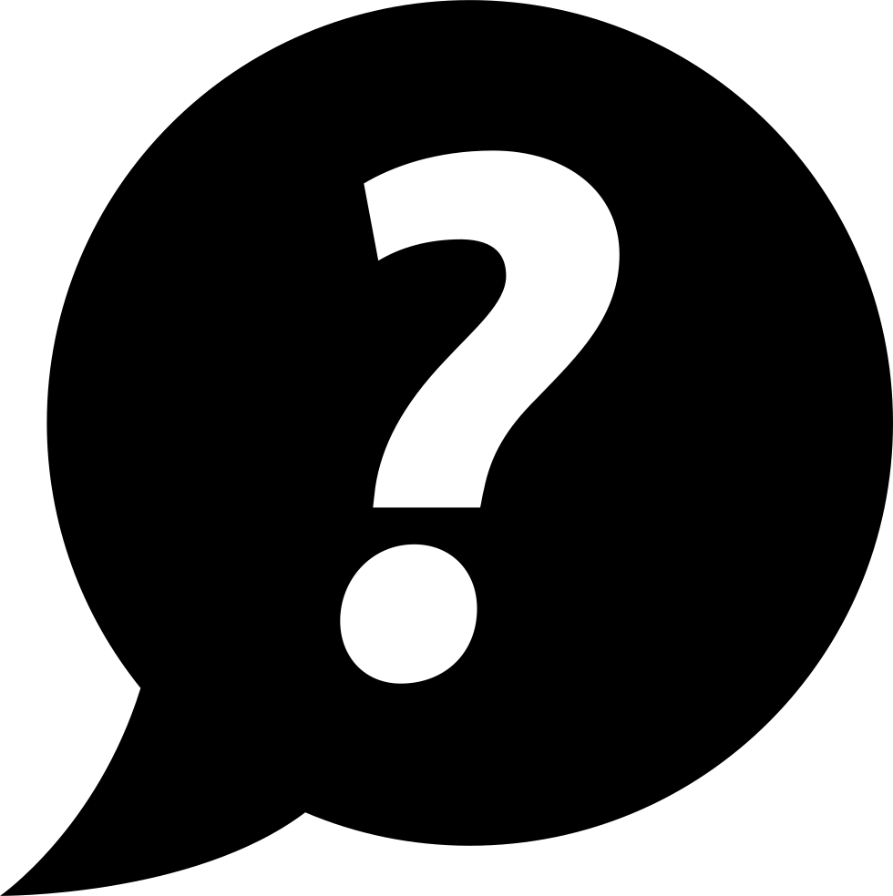 A large, black question mark inside a speech bubble on a black background.