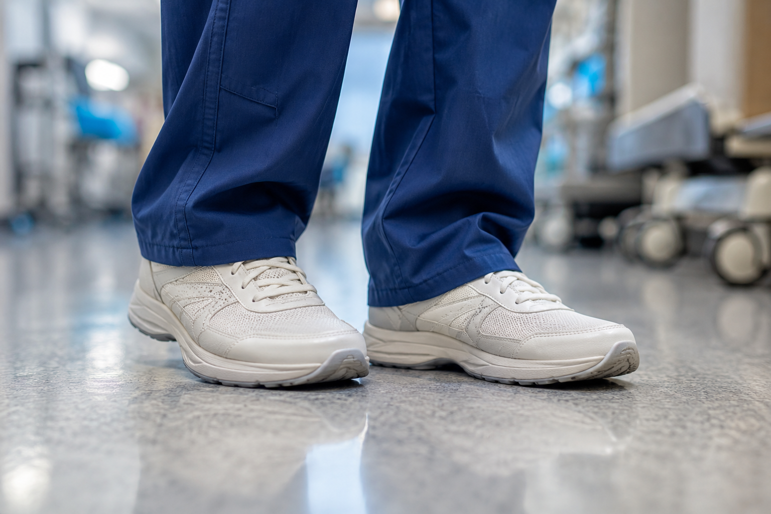 Close-up of a person wearing white sneakers and blue scrubs standing on a hospital or medical facility floor.