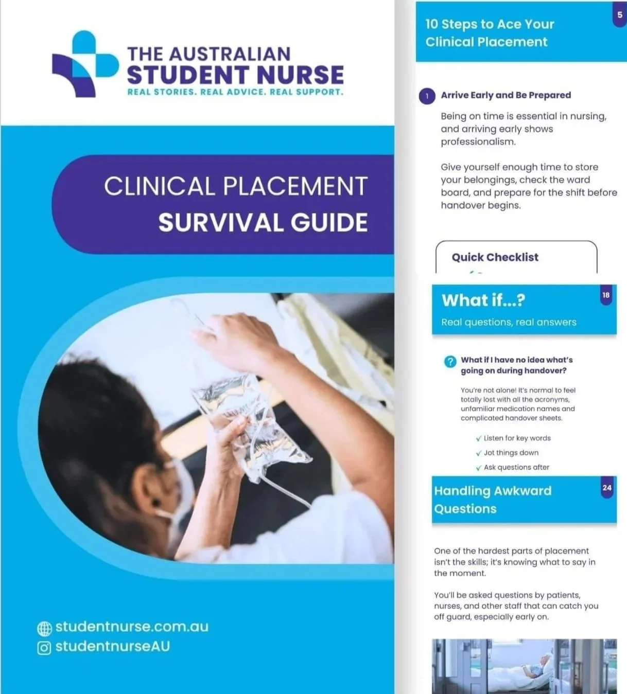 The cover of a guide titled "Clinical Placement Survival Guide" with the logo of The Australian Student Nurse, featuring a nurse holding a bag of intravenous fluids, and contact information for a nursing resource website and social media.