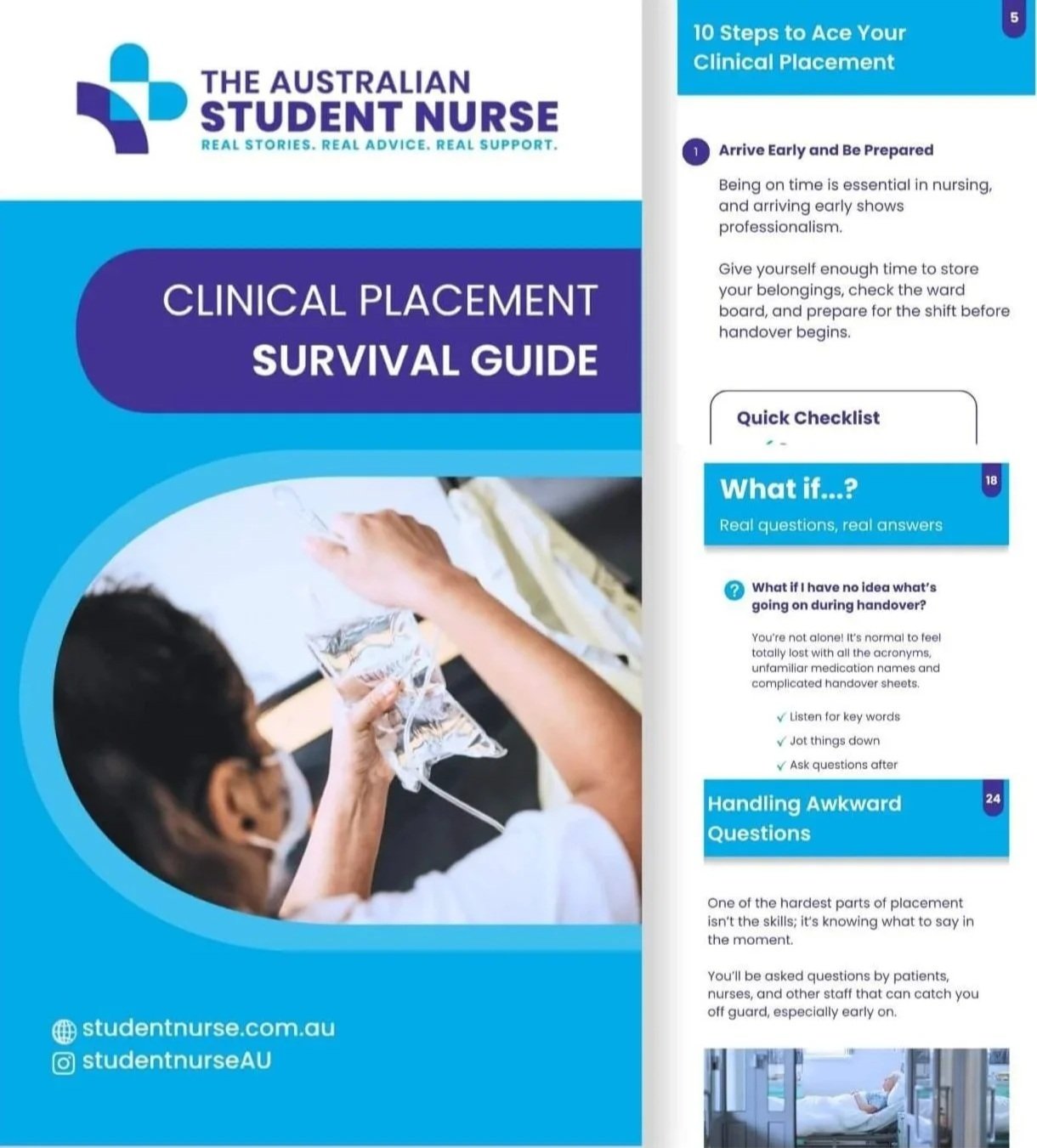 Page from a nursing guide titled 'Clinical Placement Survival Guide' by The Australian Student Nurse, with a picture of a nurse wearing a mask and holding a tray of medical supplies. Contains sections on early arrival, a quick checklist, and handling awkward questions.