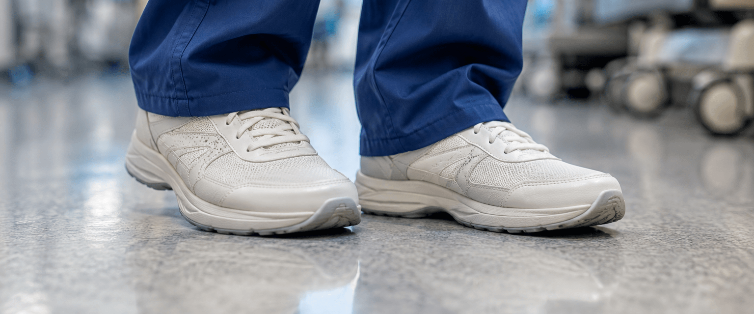 Close-up of a person wearing white athletic shoes and blue pants, standing on a polished concrete floor in an industrial or workshop setting.