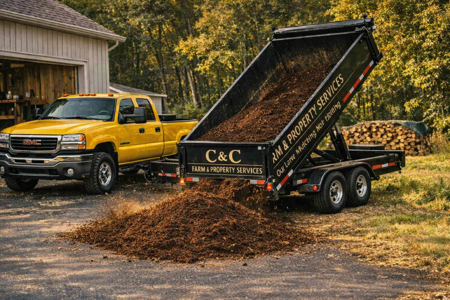 A yellow GMC pickup truck parked next to a trailer unloading mulch or soil on a driveway, with a wooded background and a barn.