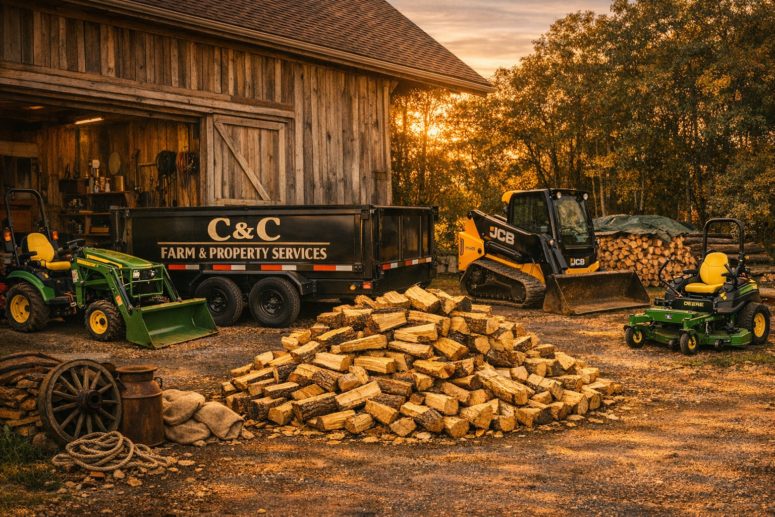 Farmyard scene at sunset with woodpile, tractors, and work supplies.