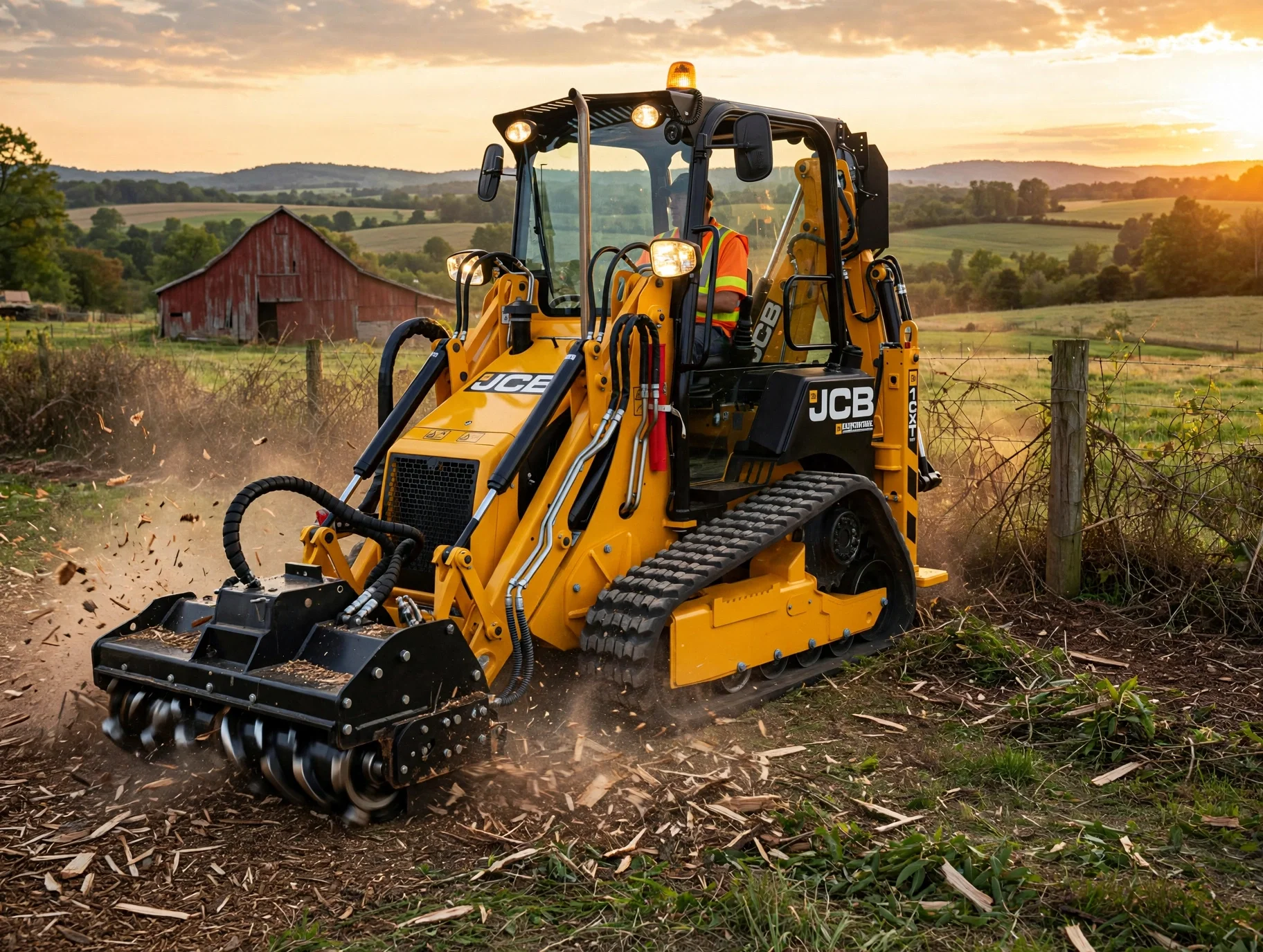 A man operating a yellow JCB compact track loader with a brush cutter attachment