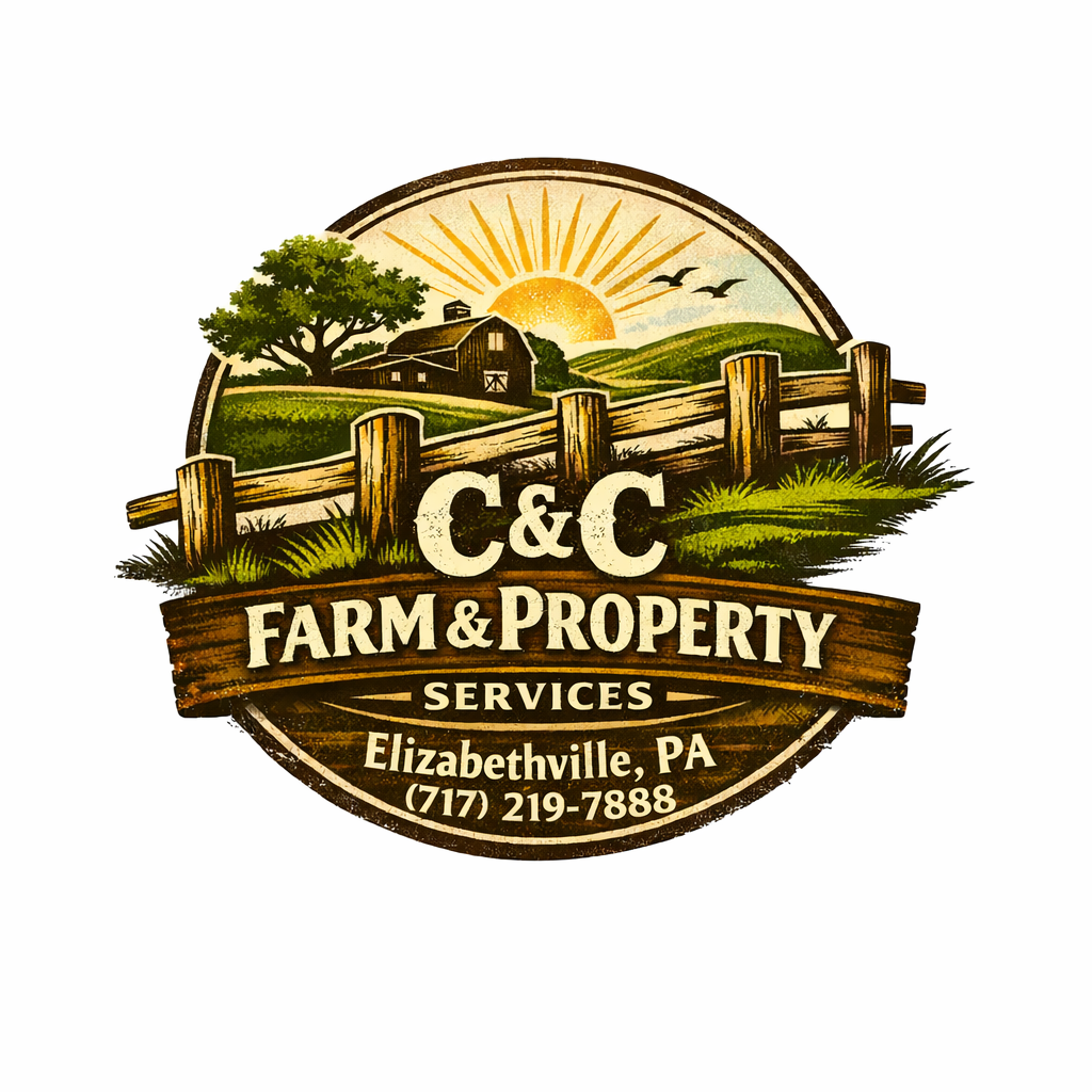 Logo for C&C Farm & Property Services featuring a farm scene with a barn, tree, fence, sunrise, and flying birds, with contact information in Elizabethville, PA.