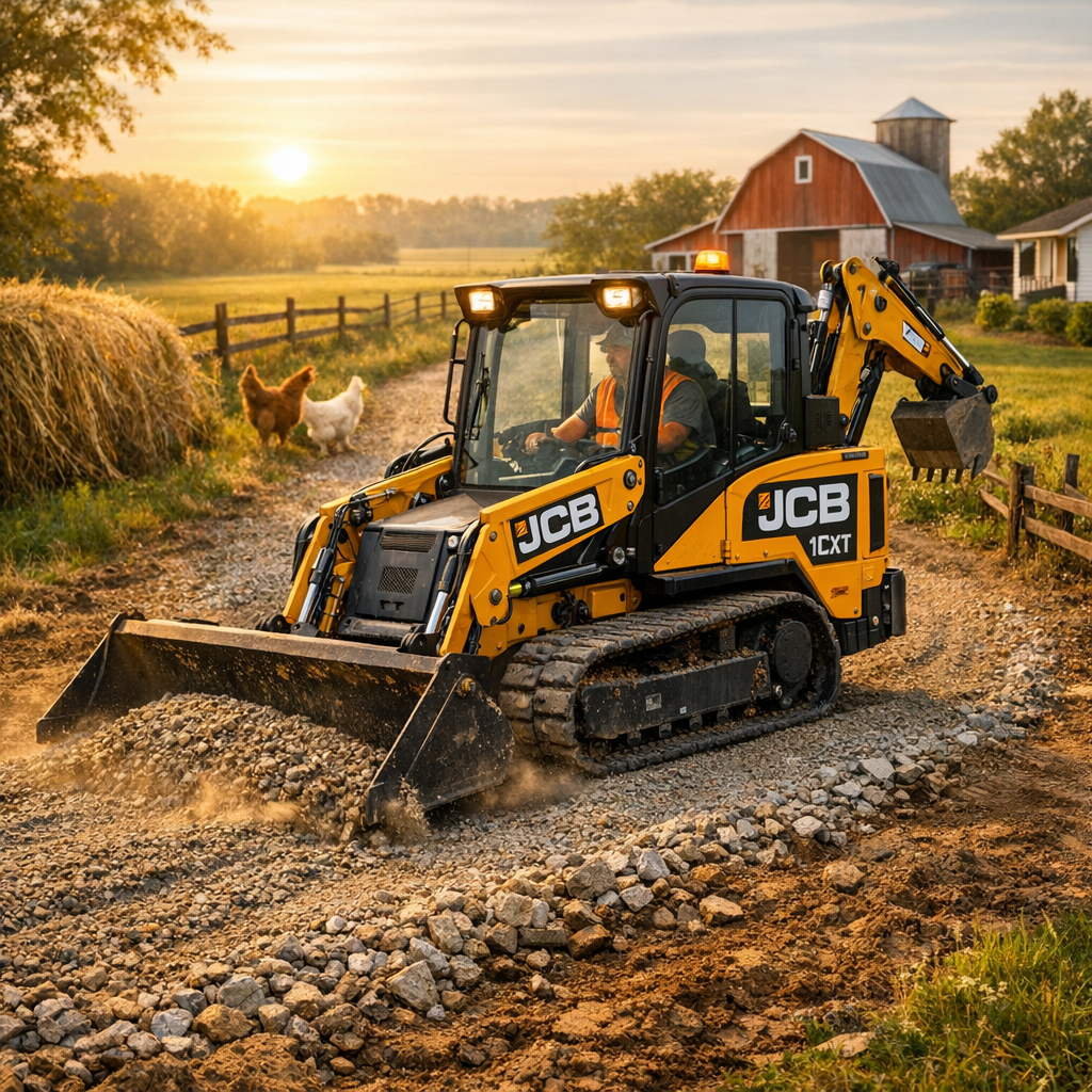 A person operating a yellow JCB skid steer loader on a gravel farm road with hay bales, chickens, and farm buildings in the background during sunset.