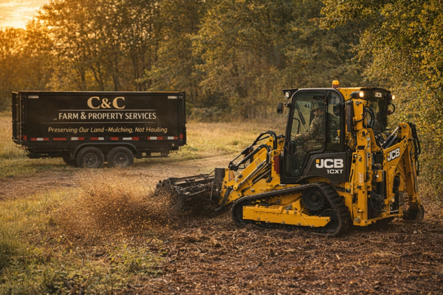 A yellow JCB compact excavator working on soil during autumn, with a trailer in the background labeled 'C&C Farm & Property Services' and the slogan 'Preserving Our Land - Mulching, Not Hauling,' in a wooded area at sunset.