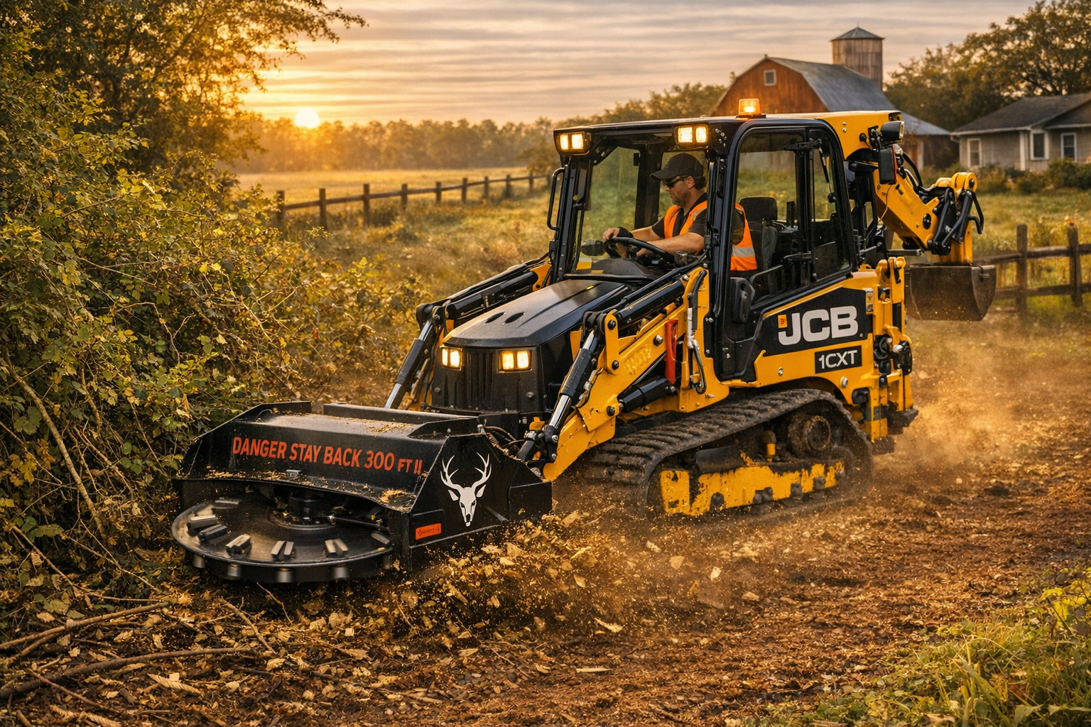 A man operating a yellow JCB compact track loader with a brush cutter attachment, clearing brush on a farm during sunset.