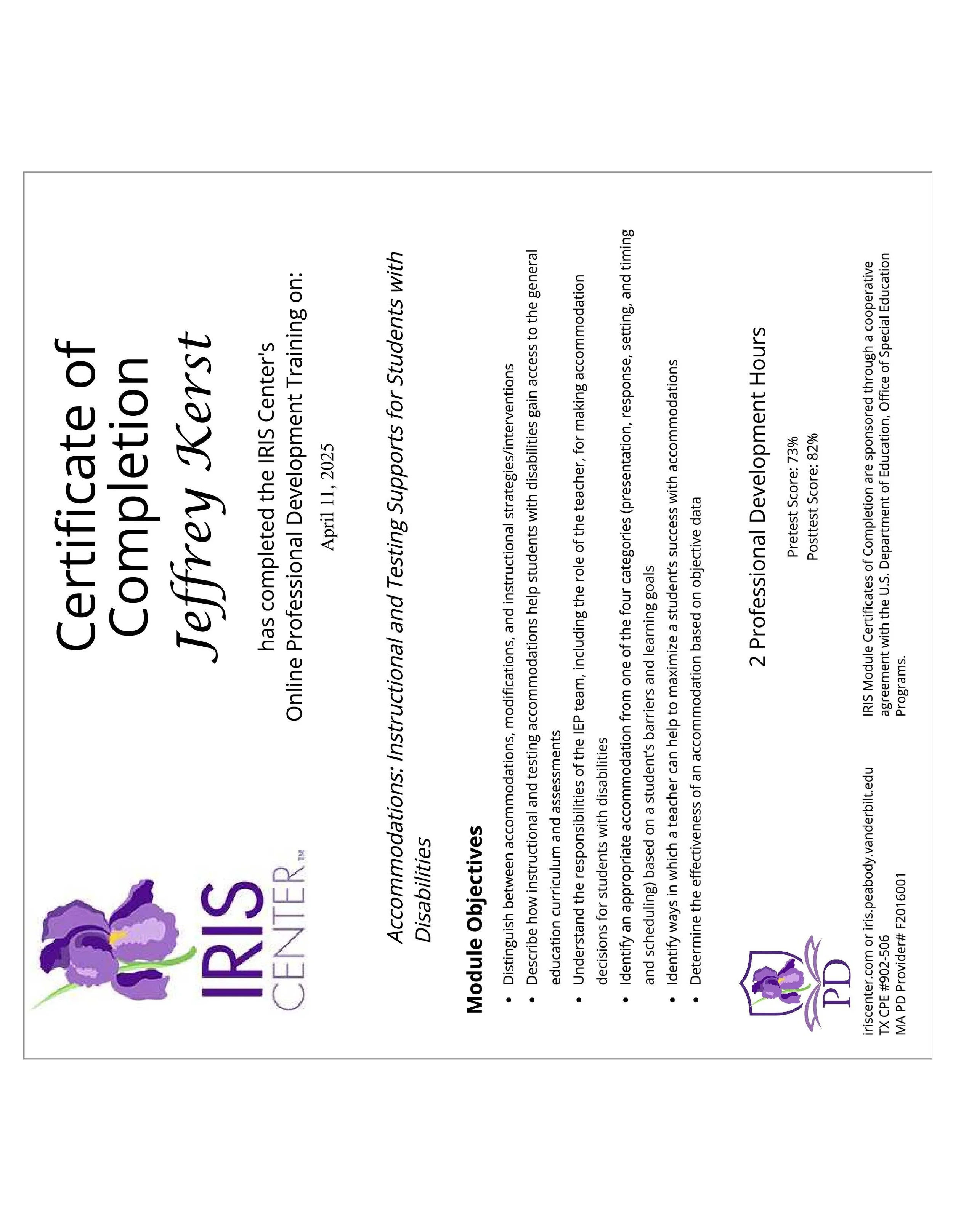 Details of a professional training program for students with various disabilities, focusing on accommodations, instructional strategies, and objectives, including information about certification and organization.