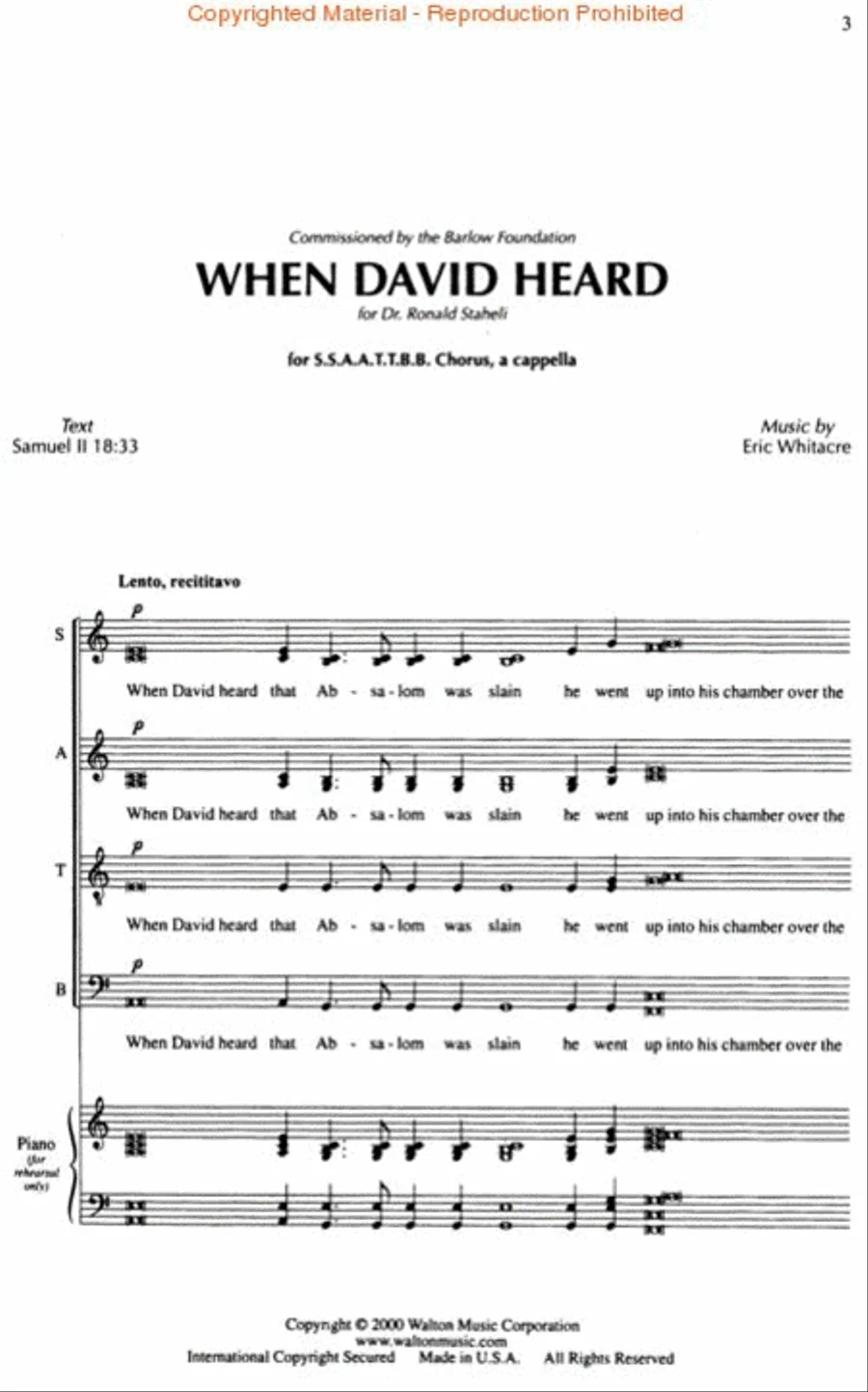 Sheet music titled 'When David Heard' for S.S.A.T.B. choir, with music by Eric Whitacre and text from 2 Samuel 18:33, featuring vocal parts for soprano, alto, tenor, and bass.