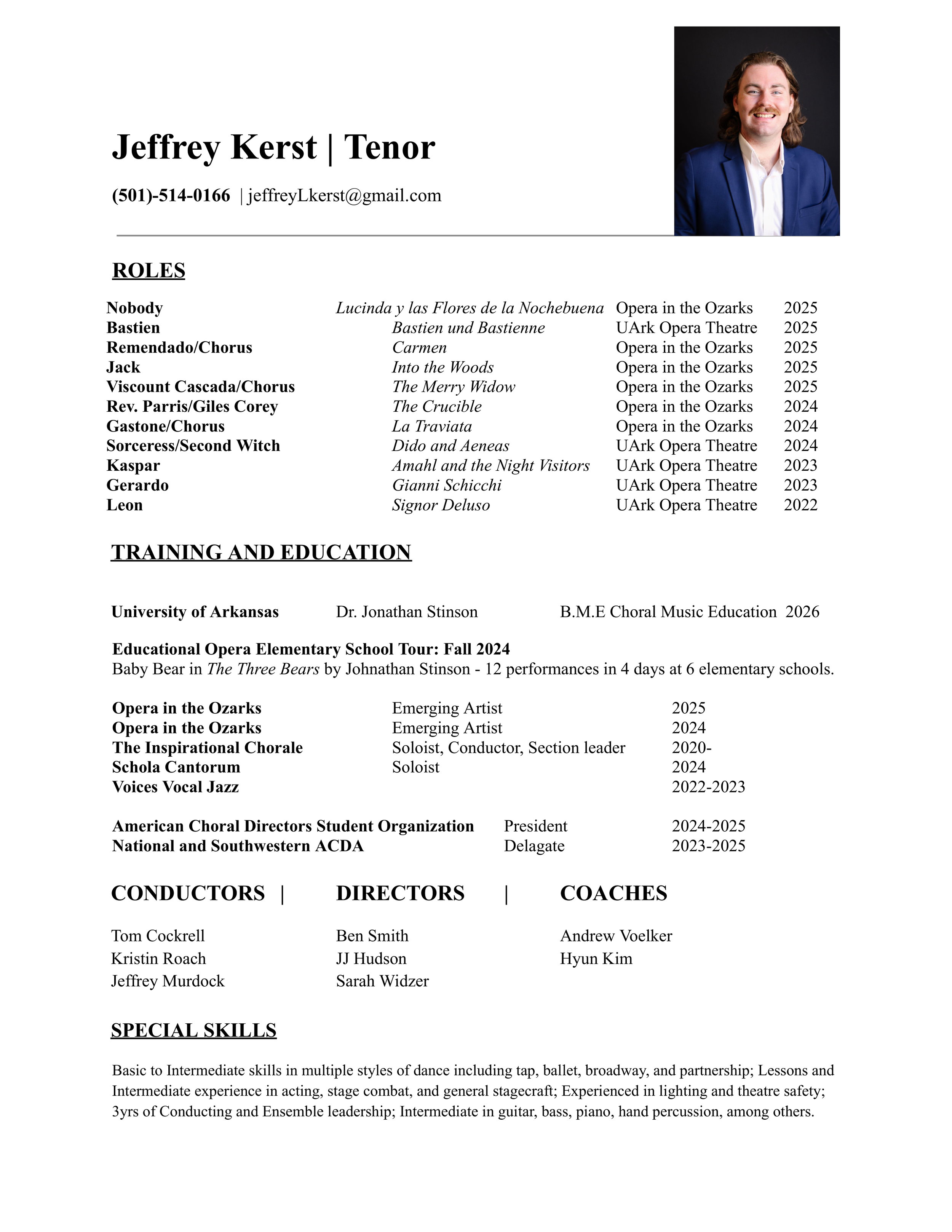 A professional resume for Jeffrey Kerst, a tenor singer, featuring a portrait photo of him wearing a blue suit jacket and white shirt. The resume lists his contact information, roles in various opera productions with dates, training, and education, special skills, and coaching experience.
