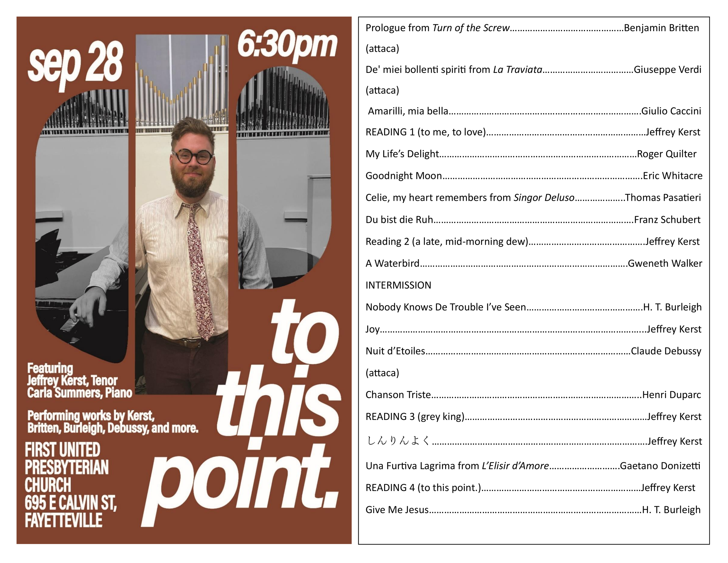 Promotional poster for a music event scheduled on September 28th at 6:30 pm, featuring Jeffrey Kerst, Carla Summers, and others, with images of pipe organs and a man wearing glasses, a striped shirt, and a tie.