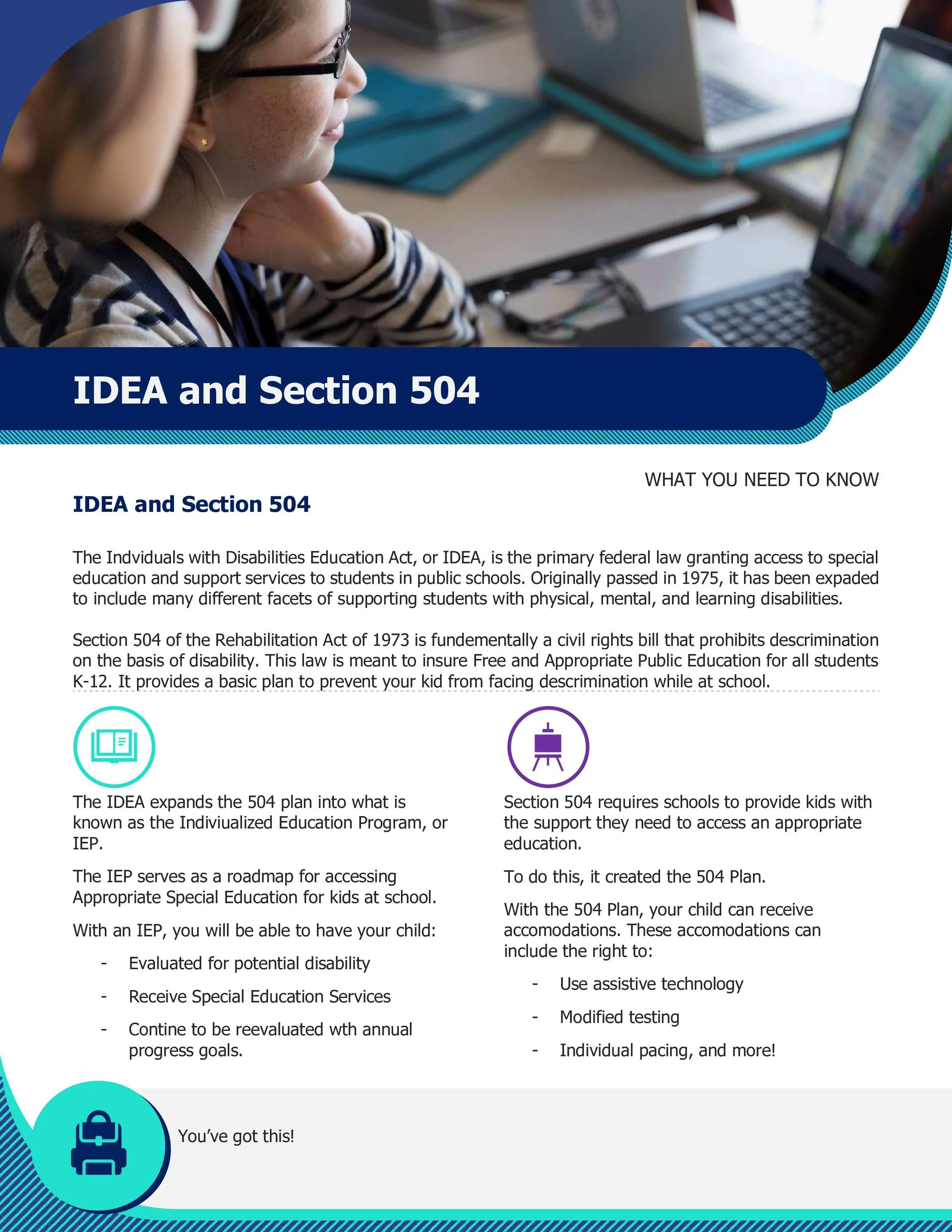 A textbook cover titled 'IDEA and Section 504' featuring a girl in glasses looking at her laptop at a desk, with various notebooks and laptops around her.