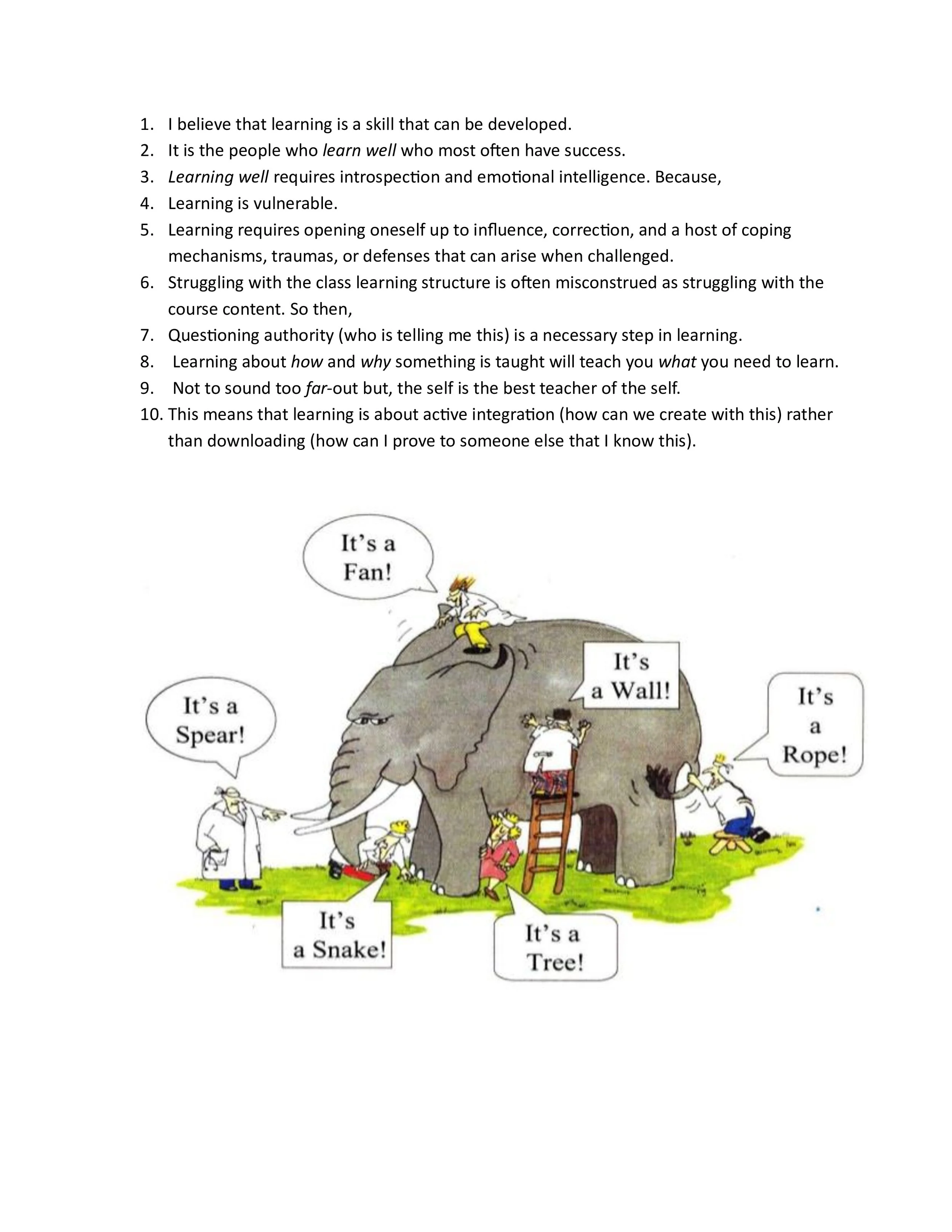 A cartoon illustration of a large elephant with a ladder on its side, surrounded by animals and people. The animals and people are calling the elephant various things such as 'It's a Snake!', 'It's a Tree!', 'It's a Rope!', 'It's a Spear!', and 'It's a Fan!'. The scene depicts animals and humans misidentifying the elephant based on just one part of it.