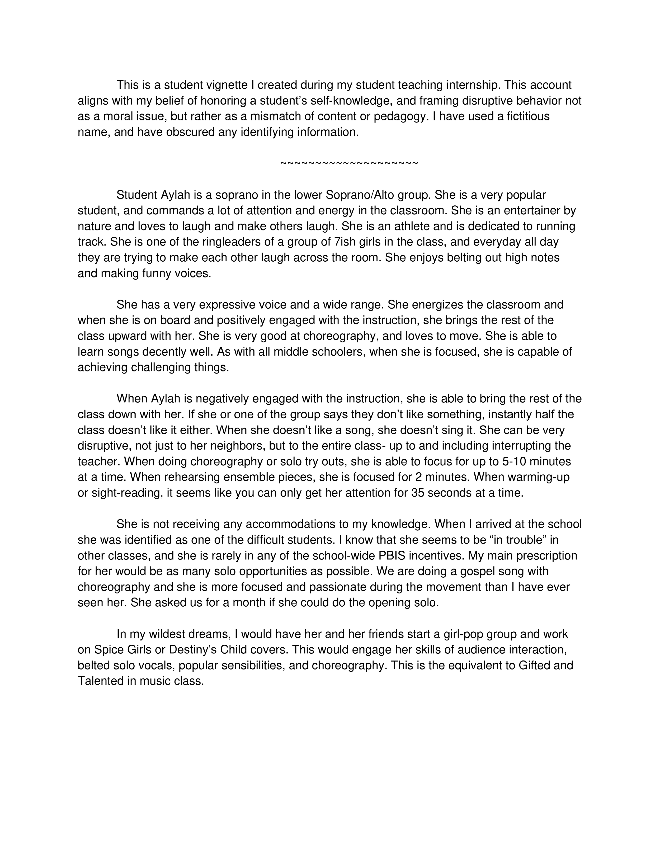 Page of a typed document describing a student vignette and their singing performance, with details about their personality, interests, and aspirations in music and performing arts.