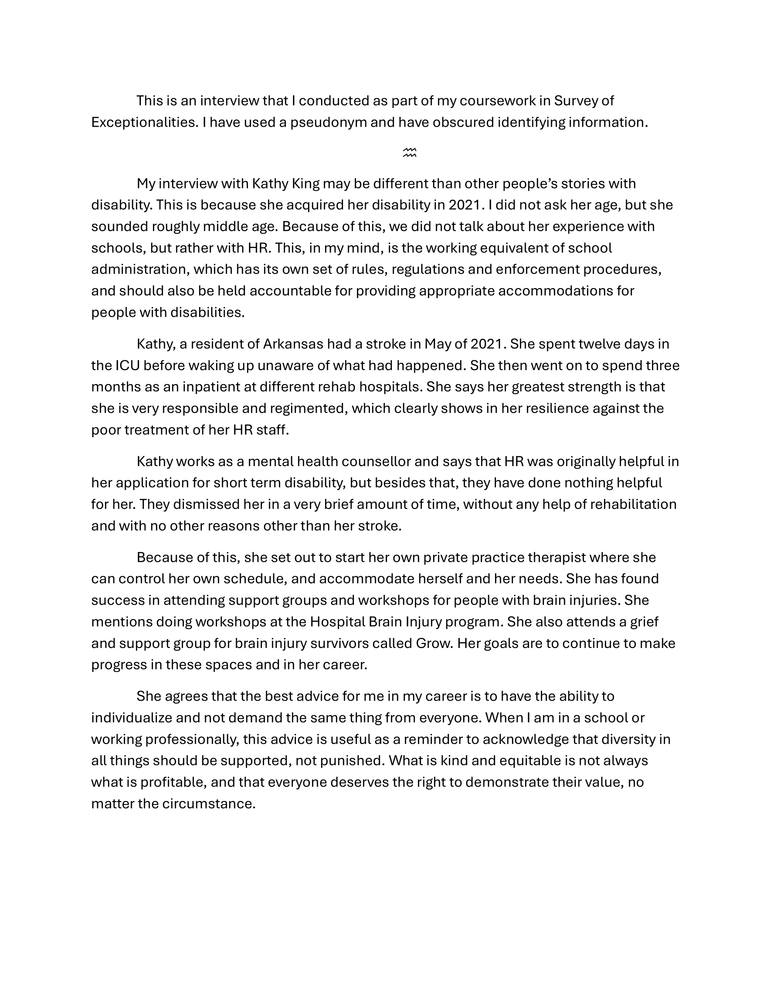Screenshot of a text document containing an interview with Kathy King, discussing her experiences with disability, her work as a mental health counsellor, and her goals and advice for others.