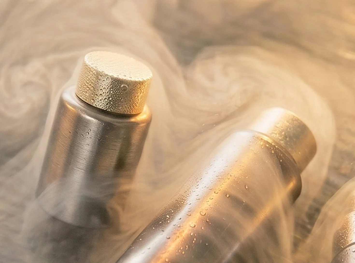 Close-up of two stainless steel skincare products, surrounded by wisps of vapor.