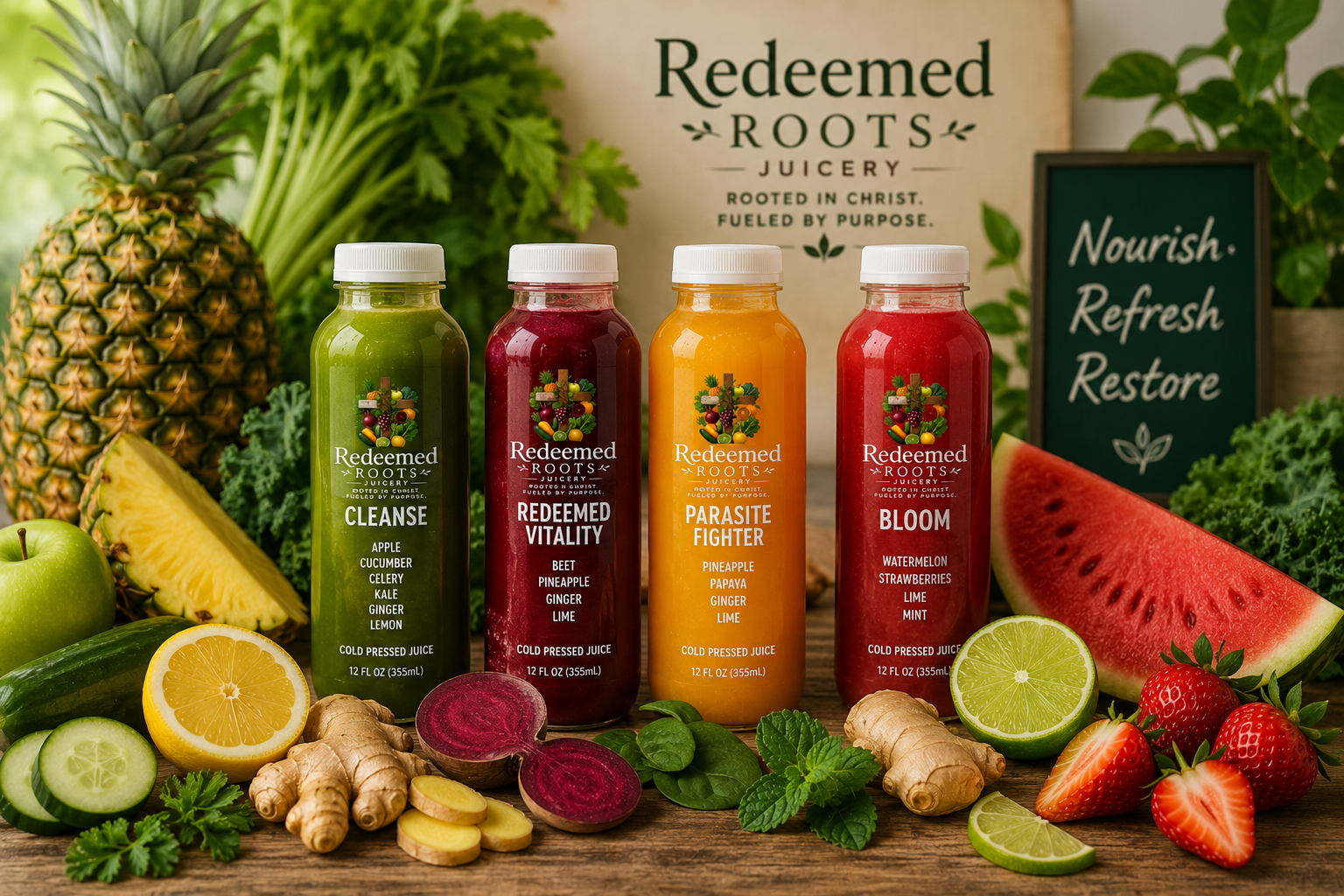 Four bottles of juice from Redeemed Roots Juicery labeled Cleanse, Vitality, Parasite Fighter, and Bloom, surrounded by fresh fruits and vegetables including pineapple, watermelon, strawberries, cucumber, lemon, lime, ginger, beets, kiwi, and ginger, with a branded sign and greenery in the background.