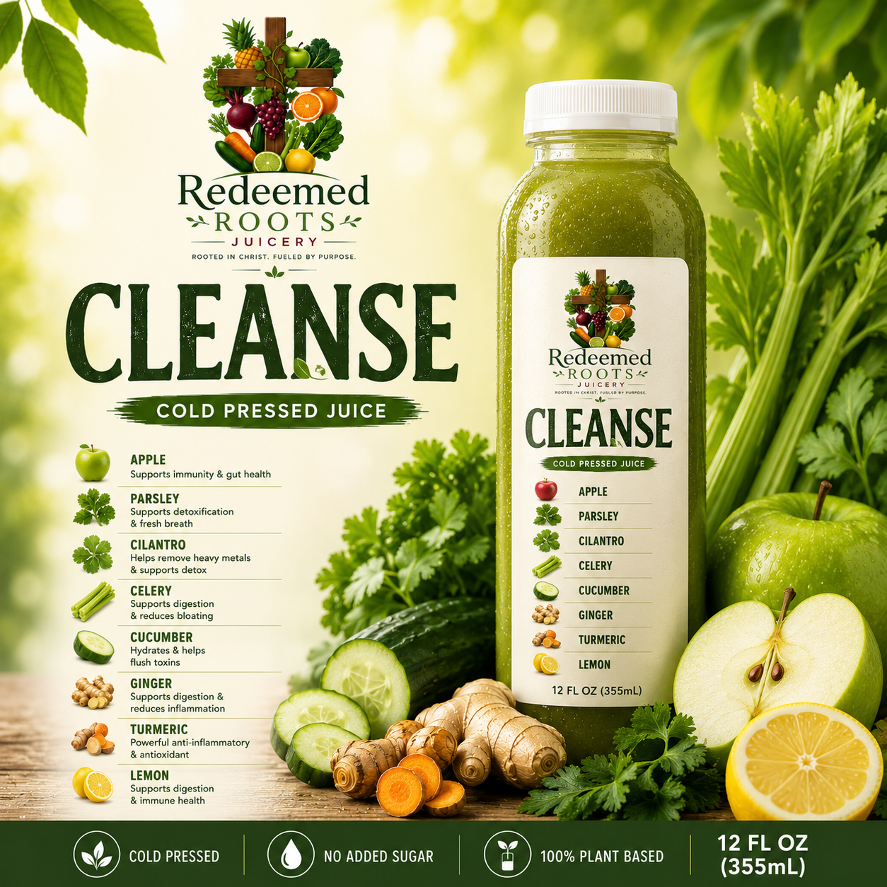 Package of Redeemed Roots Juicery cleanse cold pressed juice with ingredients listed including apple, parsley, cilantro, celery, cucumber, ginger, turmeric, and lemon, surrounded by fresh fruits and vegetables