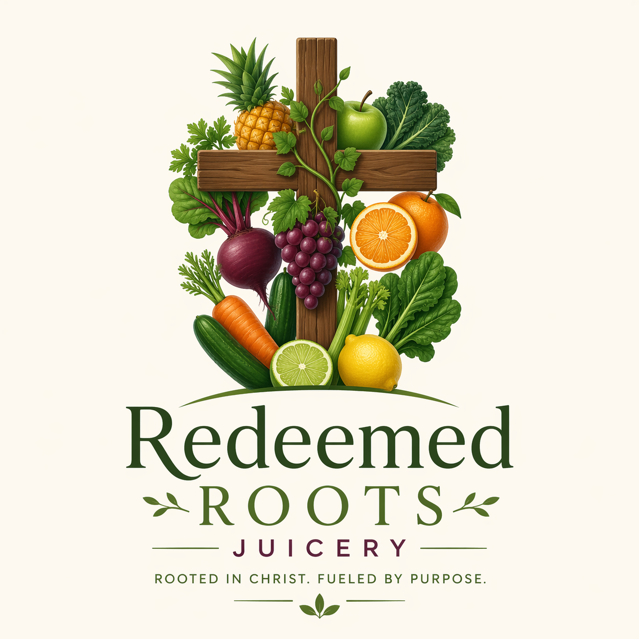Logo for Redeemed Roots Juicery featuring a cross made of wooden planks, decorated with various fruits and vegetables including pineapple, apple, orange, lemon, cucumber, carrot, beet, grapes, and leafy greens, with the text "Redeemed Roots Juicery" and the tagline "Rooted in Christ. Fueled by purpose."