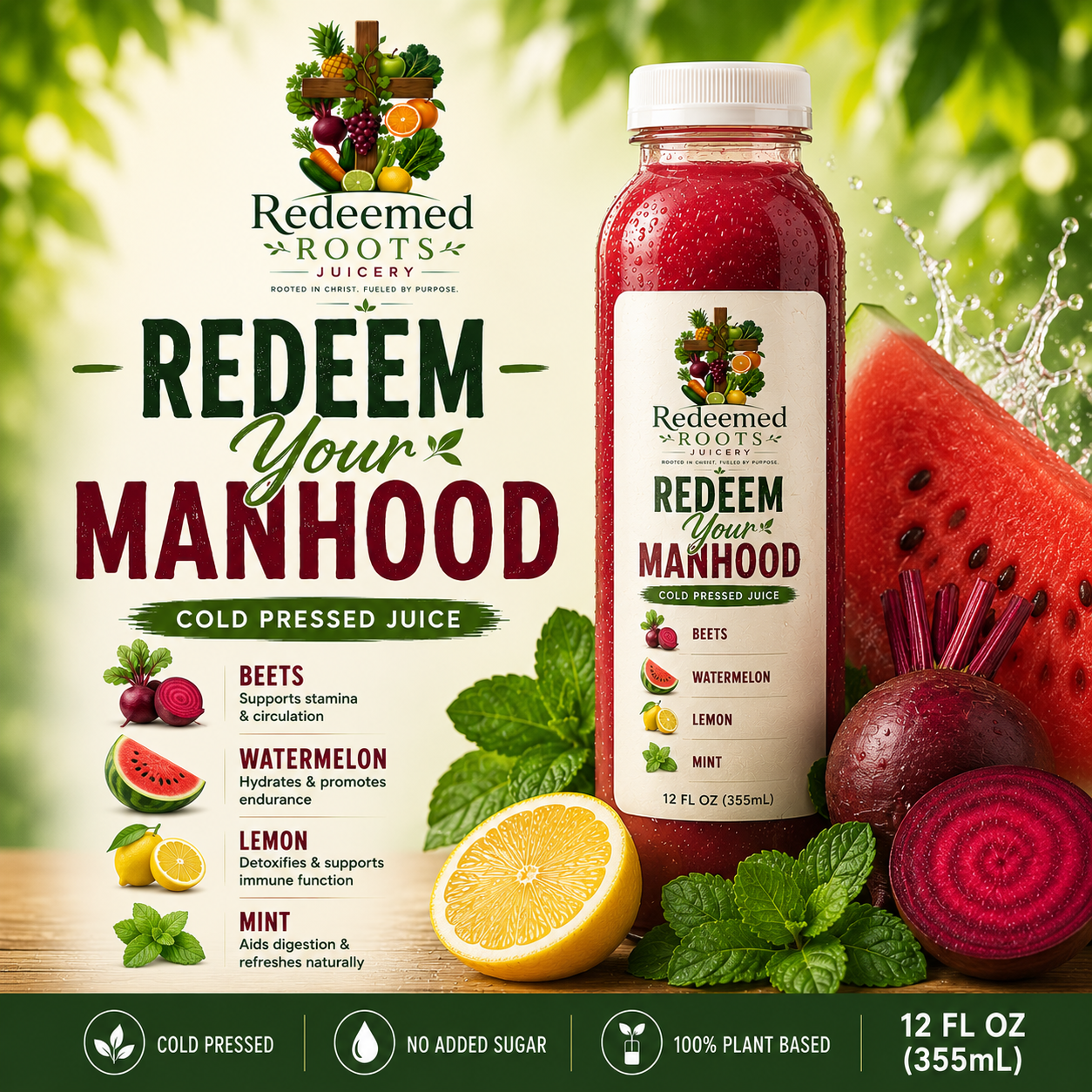 A bottle of Redeemed Roots Juicery cold pressed juice with fresh watermelon, lemon, beet, and mint around it. The label highlights the juice ingredients and health benefits, with a green background and a wooden surface.