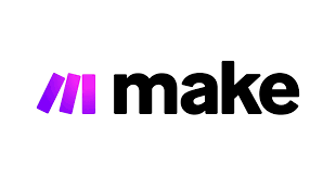 Logo with purple and pink abstract lines and the word 'make' in black bold text, which is the logo of the AI tool Make.com