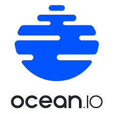 Ocean.io logo with a blue stylized globe above the company name in black letters. Which is the logo of the AI tool Ocean.io